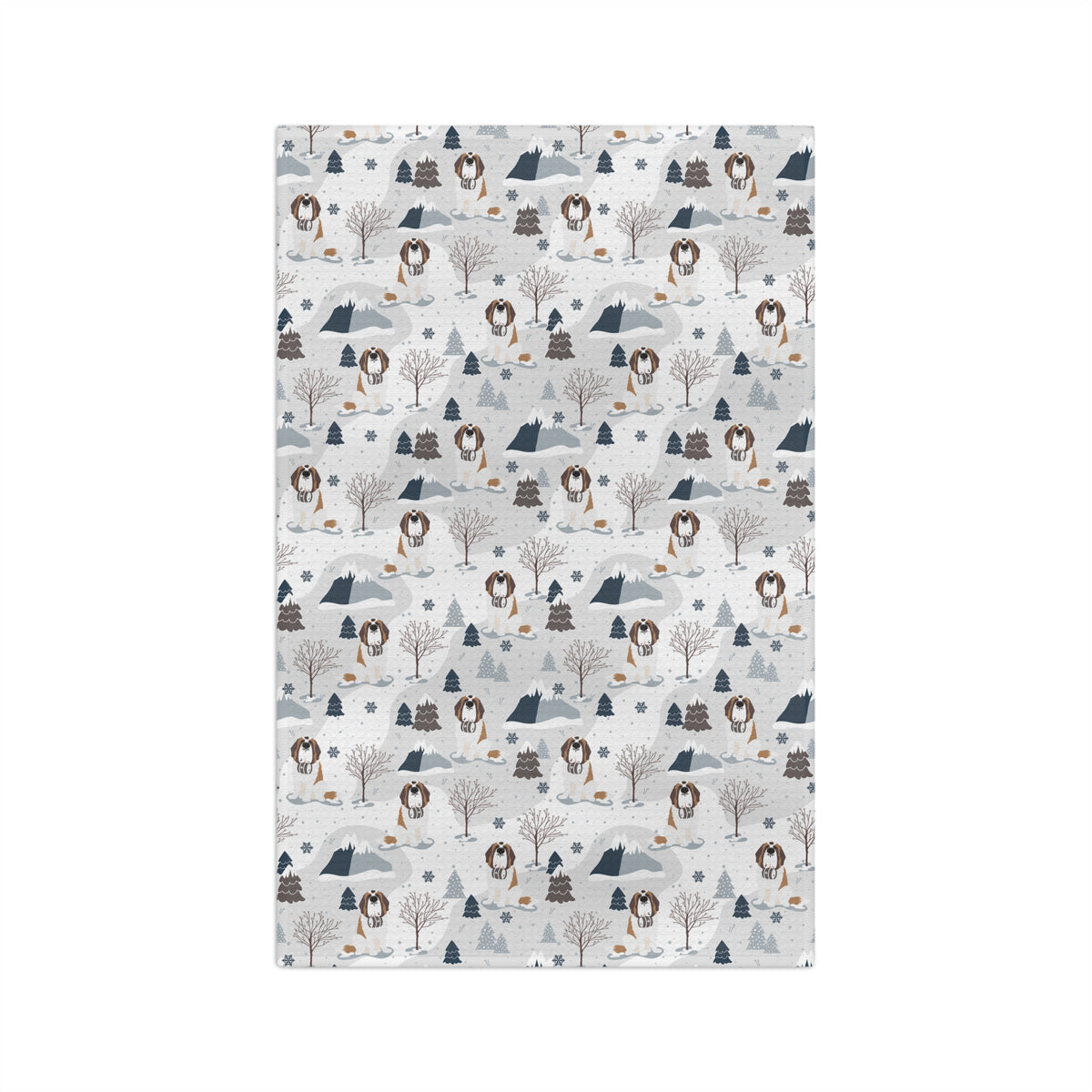 Saint Bernard Alpine microfiber tea towel with a soft gray and white print of Saint Bernards, snowy mountains, and pine trees.