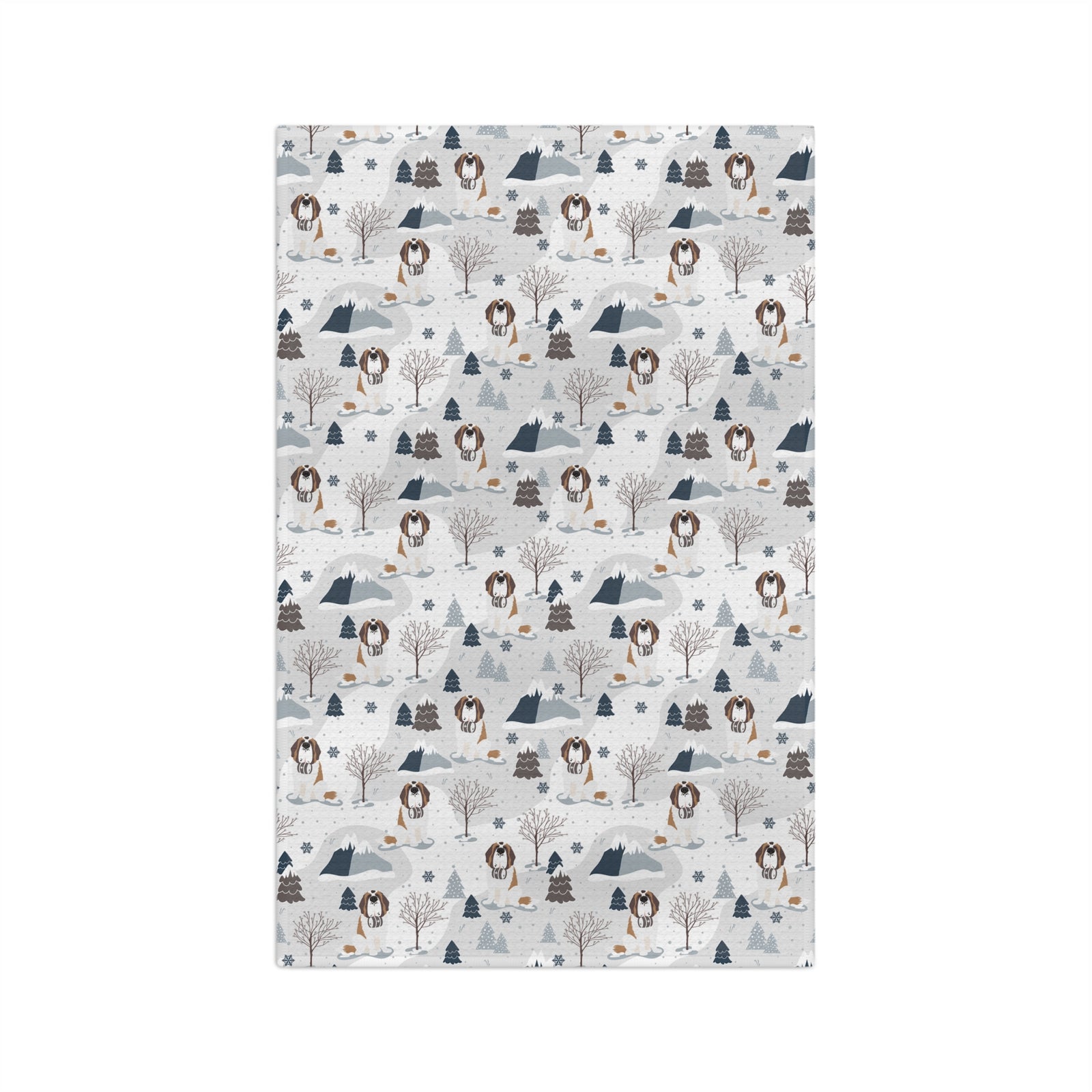 Saint Bernard Alpine microfiber tea towel with a soft gray and white print of Saint Bernards, snowy mountains, and pine trees.