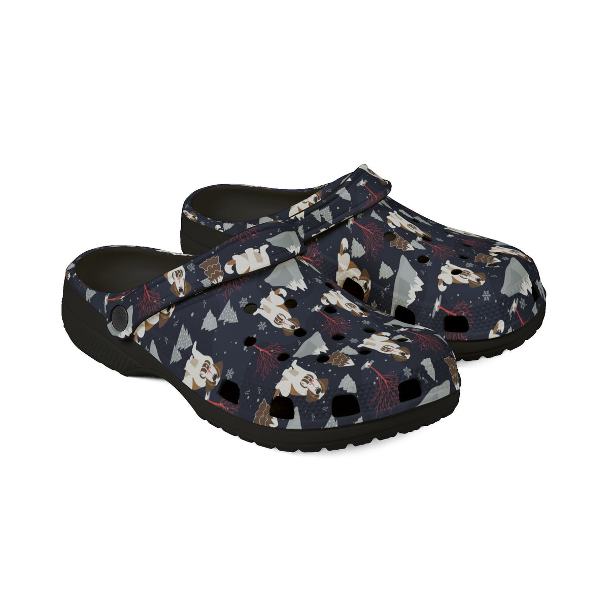 Black EVA clog slip on shoes with a navy all-over alpine night pattern featuring mountains, stars, pink trees and Saint Bernards by Lucy and Norman