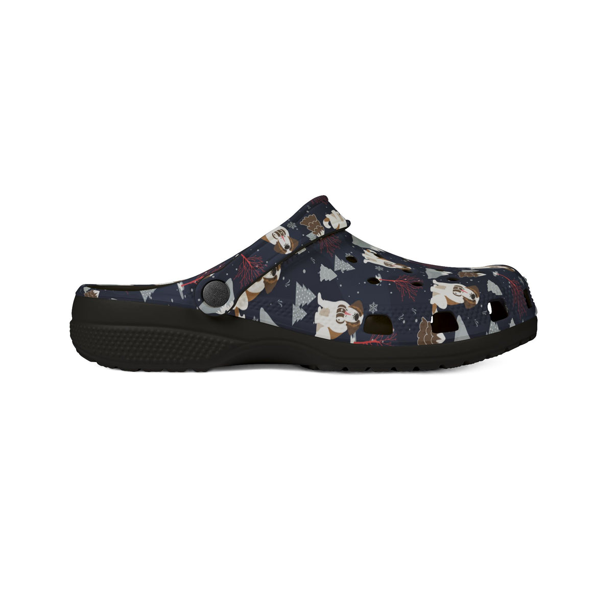 Black EVA clog slip on shoes with a navy all-over alpine night pattern featuring mountains, stars, pink trees and Saint Bernards by Lucy and Norman