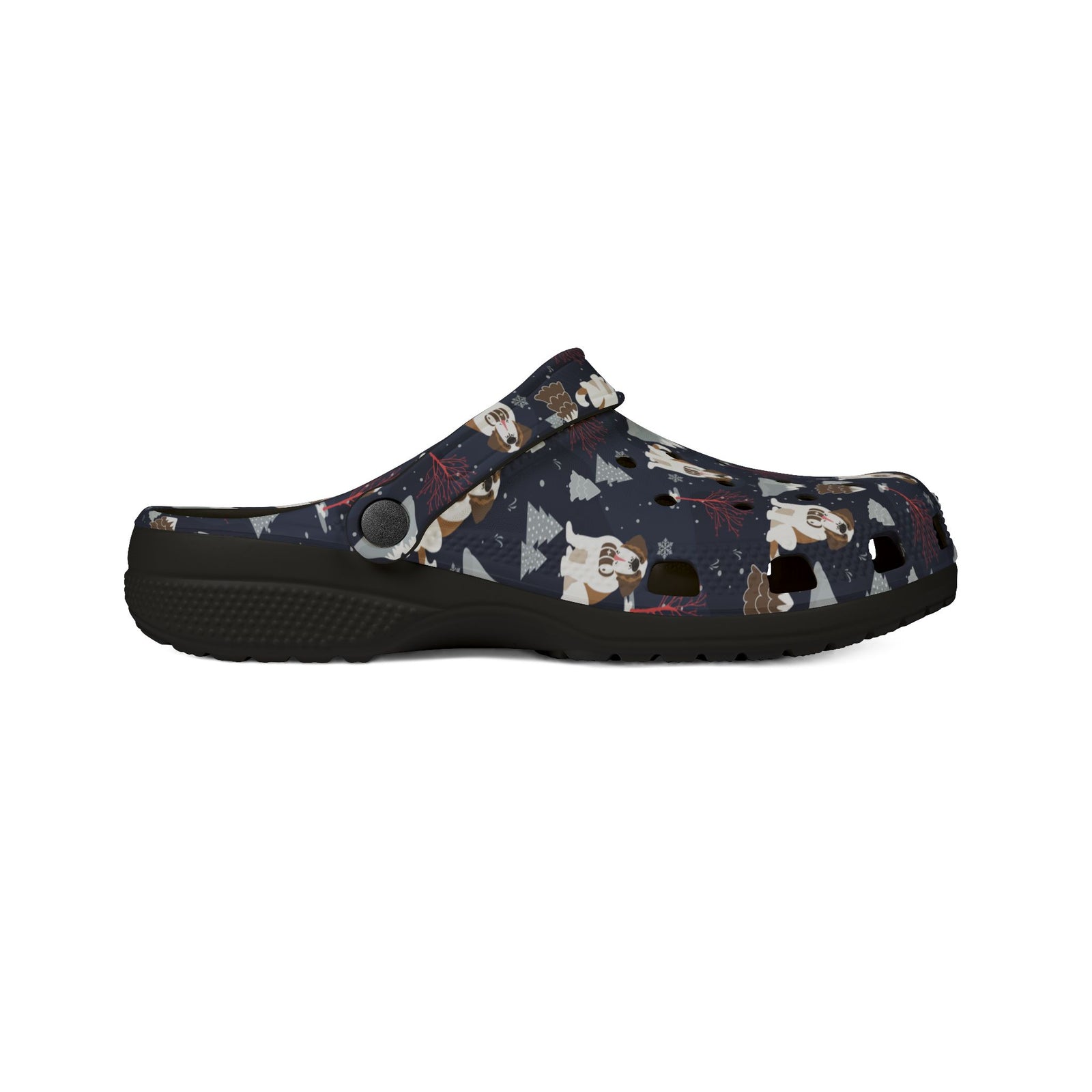 Black EVA clog slip on shoes with a navy all-over alpine night pattern featuring mountains, stars, pink trees and Saint Bernards by Lucy and Norman