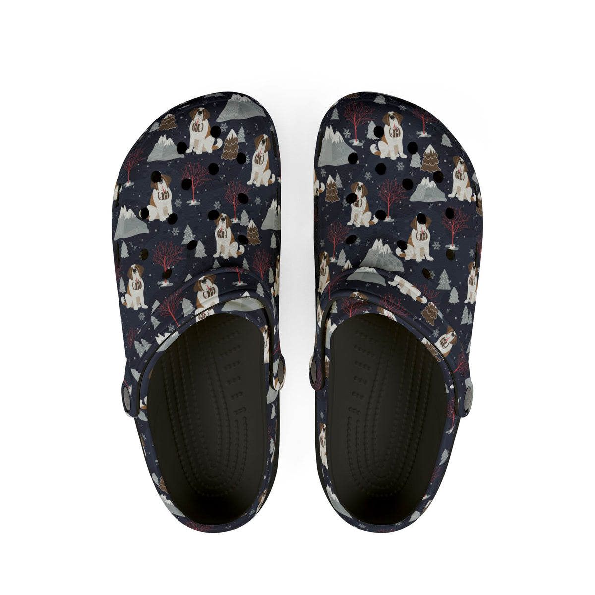 Black EVA clog slip on shoes with a navy all-over alpine night pattern featuring mountains, stars, pink trees and Saint Bernards by Lucy and Norman