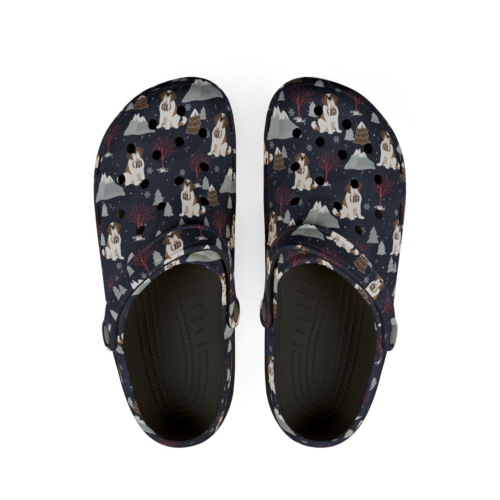 Black EVA clog slip on shoes with a navy all-over alpine night pattern featuring mountains, stars, pink trees and Saint Bernards by Lucy and Norman