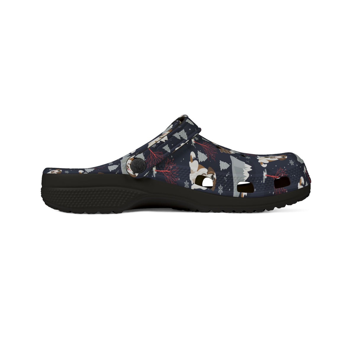 Black EVA clog slip on shoes with a navy all-over alpine night pattern featuring mountains, stars, pink trees and Saint Bernards by Lucy and Norman