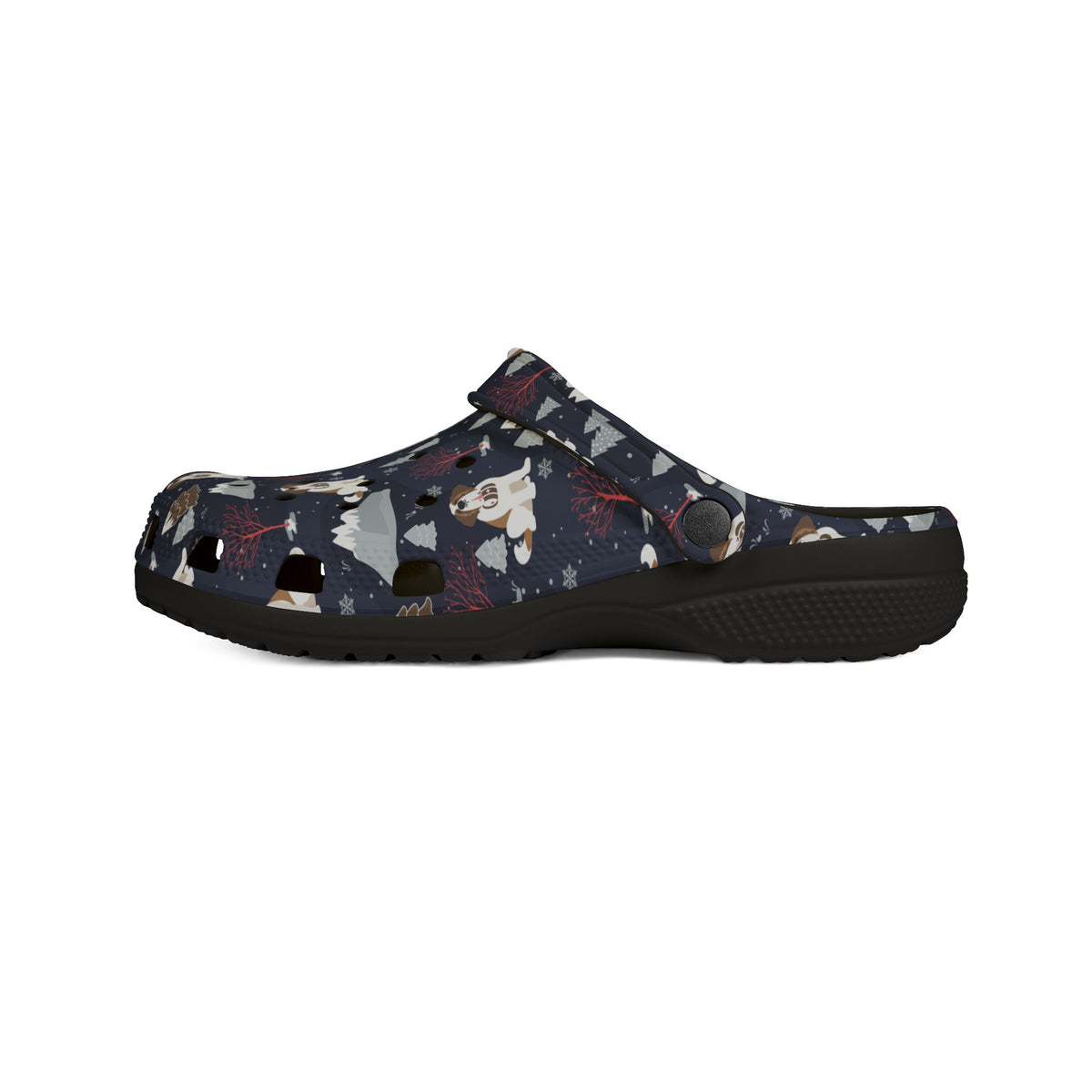 Black EVA clog slip on shoes with a navy all-over alpine night pattern featuring mountains, stars, pink trees and Saint Bernards by Lucy and Norman