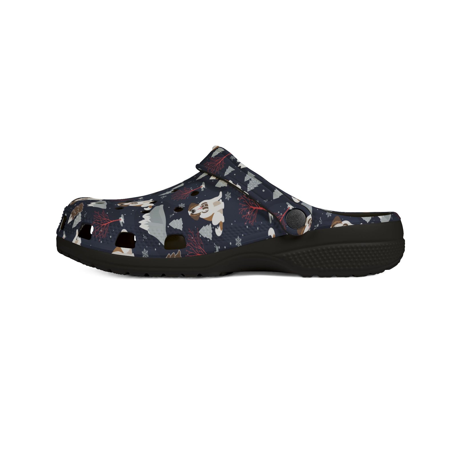 Black EVA clog slip on shoes with a navy all-over alpine night pattern featuring mountains, stars, pink trees and Saint Bernards by Lucy and Norman