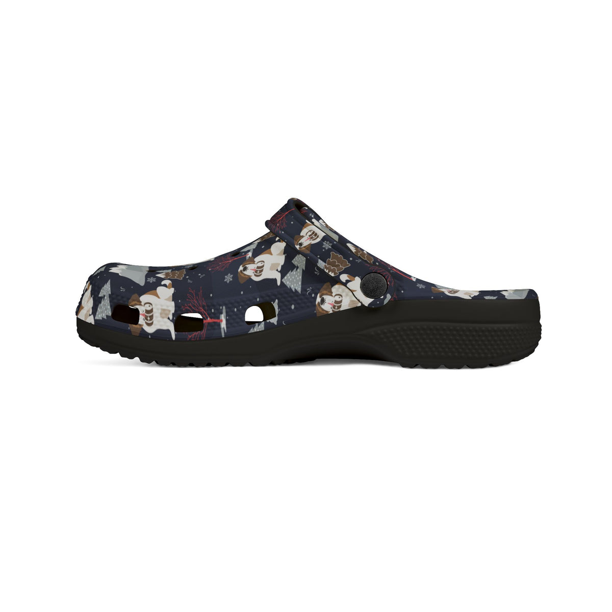Black EVA clog slip on shoes with a navy all-over alpine night pattern featuring mountains, stars, pink trees and Saint Bernards by Lucy and Norman