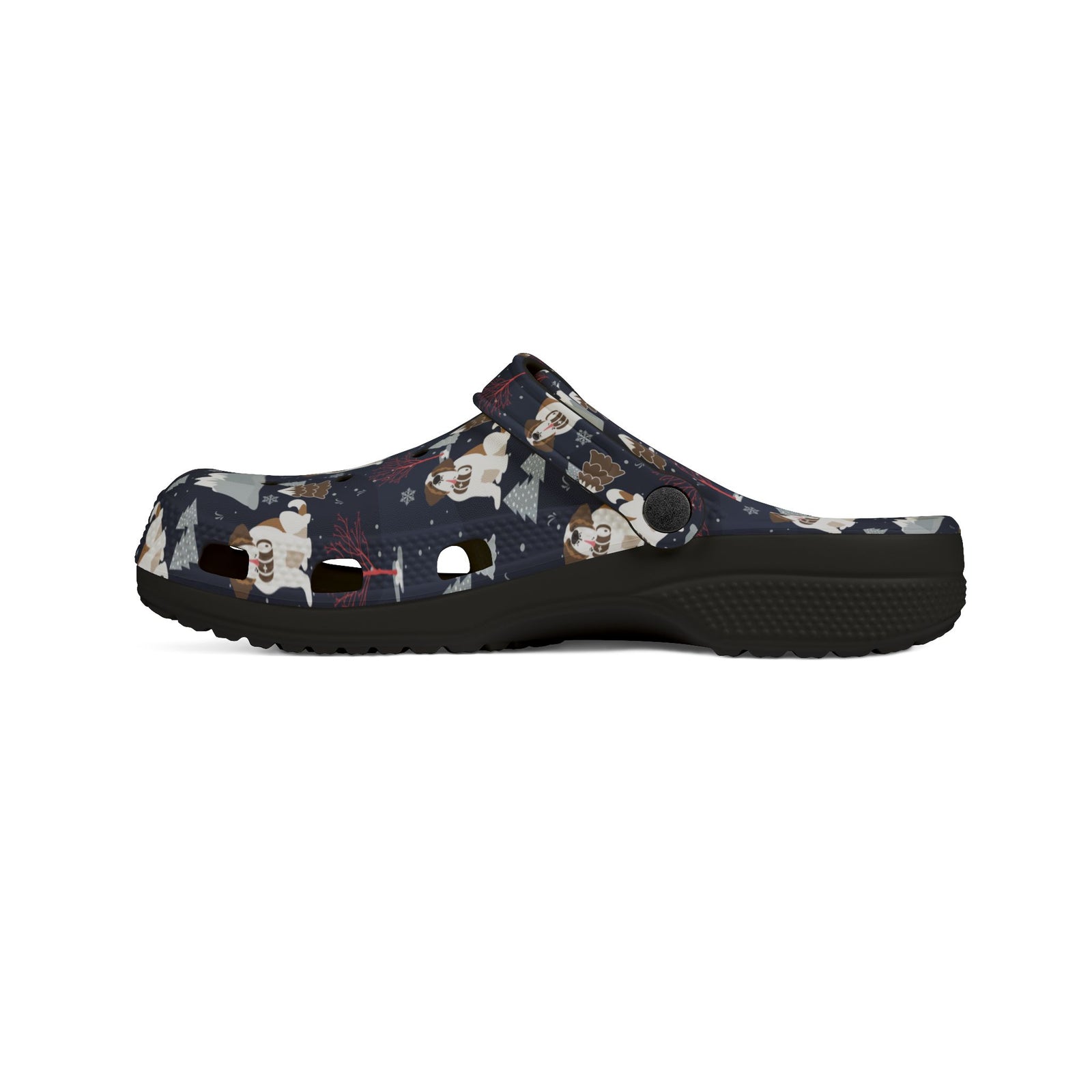 Black EVA clog slip on shoes with a navy all-over alpine night pattern featuring mountains, stars, pink trees and Saint Bernards by Lucy and Norman