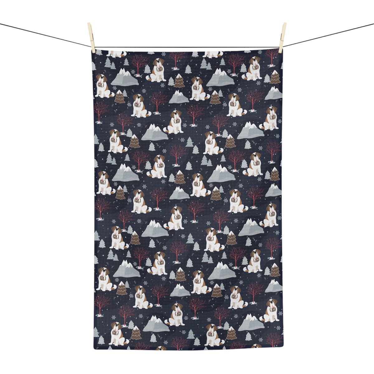 Alpine Night Saint Bernard microfiber tea towel with a navy print of Saint Bernards with rescue barrels among snowy mountains and pines at night.