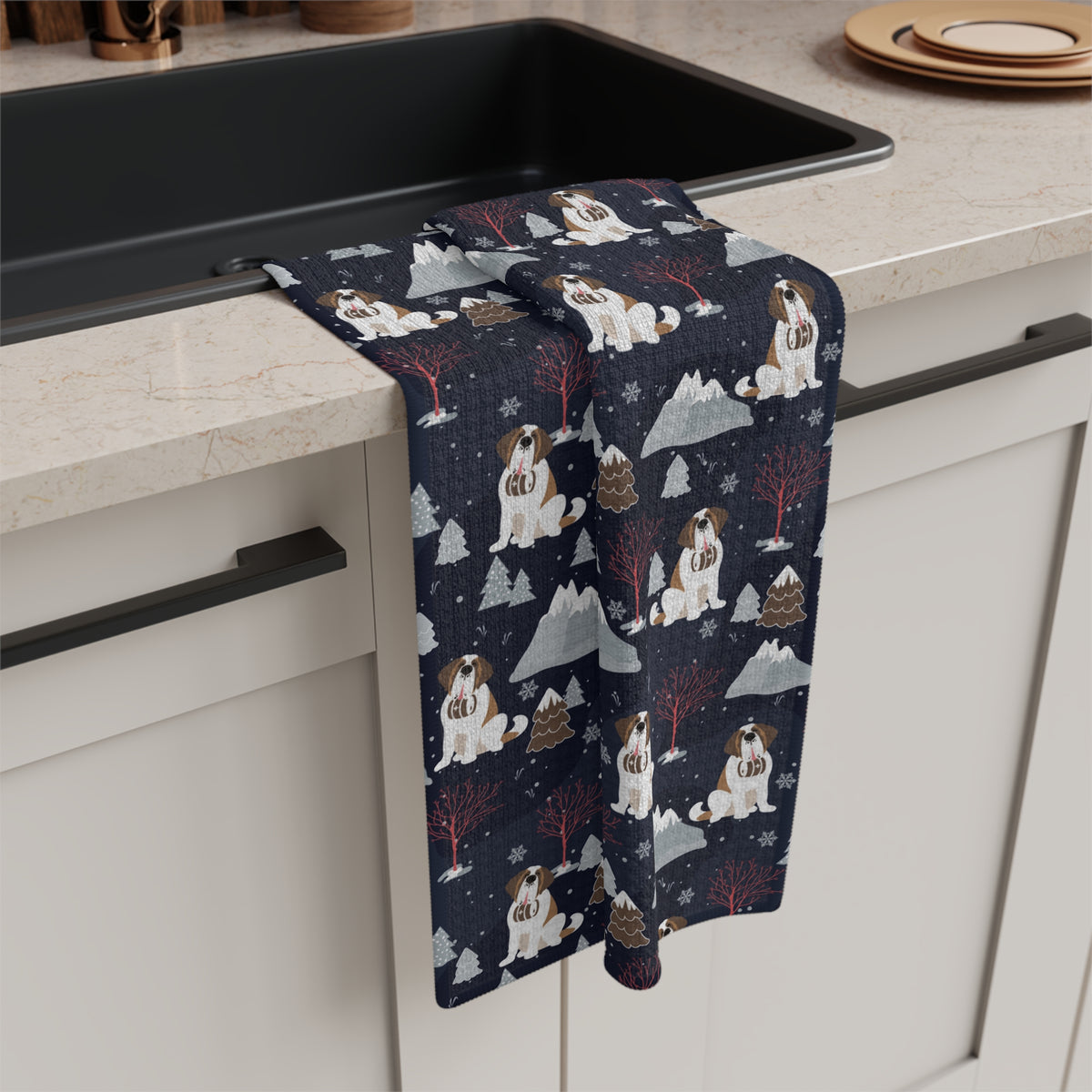 Alpine Night Saint Bernard microfiber tea towel with a navy print of Saint Bernards with rescue barrels among snowy mountains and pines at night.