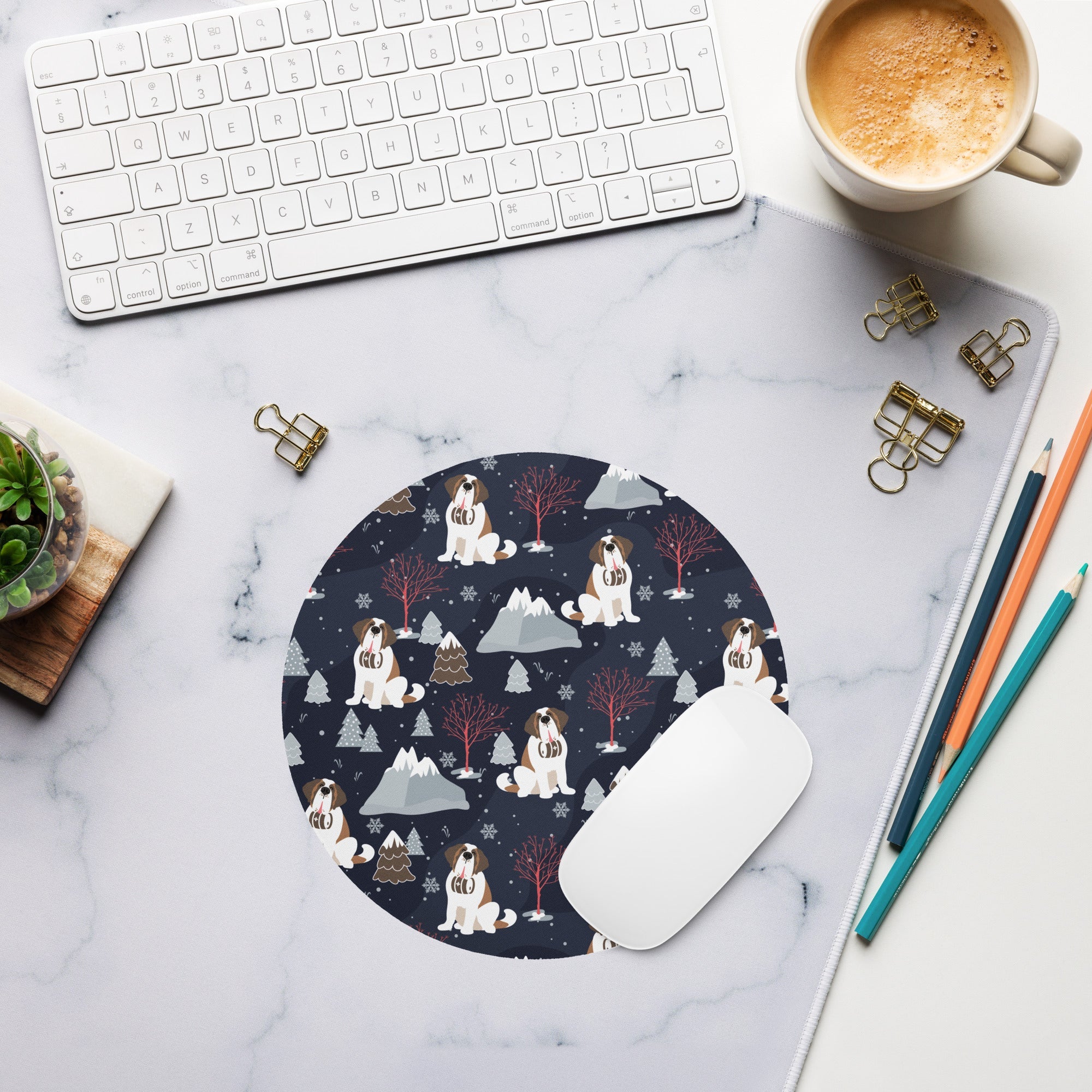 Saint Bernard Alpine Nights Round Mouse Pad - Lucy + Norman