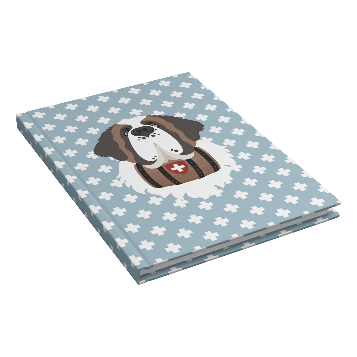 Swiss Cross Blue Saint Bernard hardcover lined journal with a dusty-blue cover featuring a Saint Bernard and rescue barrel among white Swiss crosses.