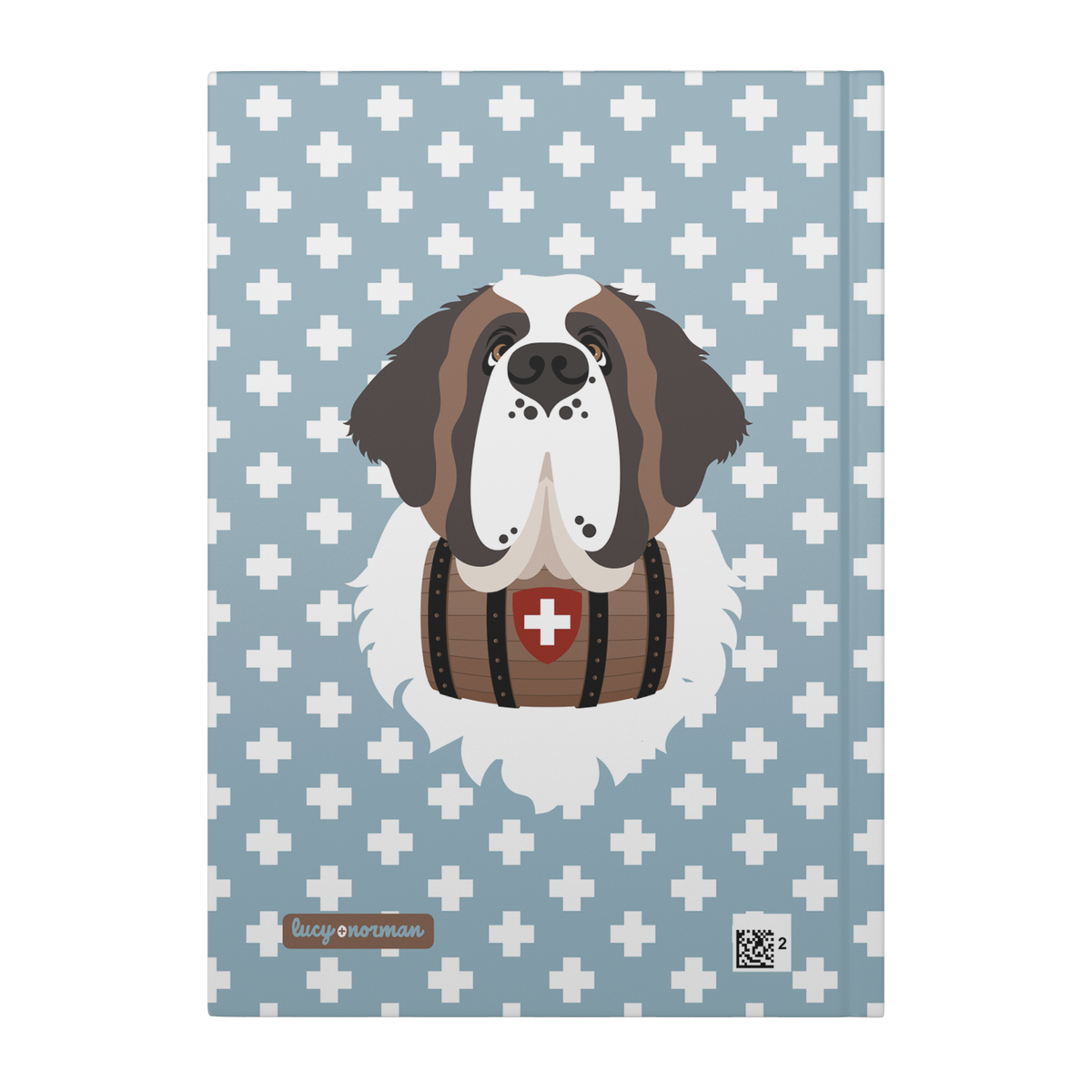 Swiss Cross Blue Saint Bernard hardcover lined journal with a dusty-blue cover featuring a Saint Bernard and rescue barrel among white Swiss crosses.