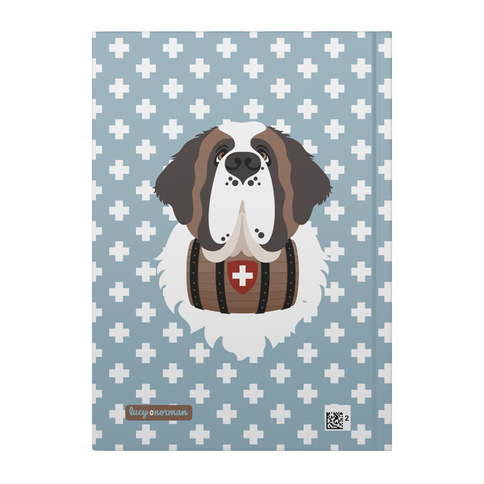 Swiss Cross Blue Saint Bernard hardcover lined journal with a dusty-blue cover featuring a Saint Bernard and rescue barrel among white Swiss crosses.