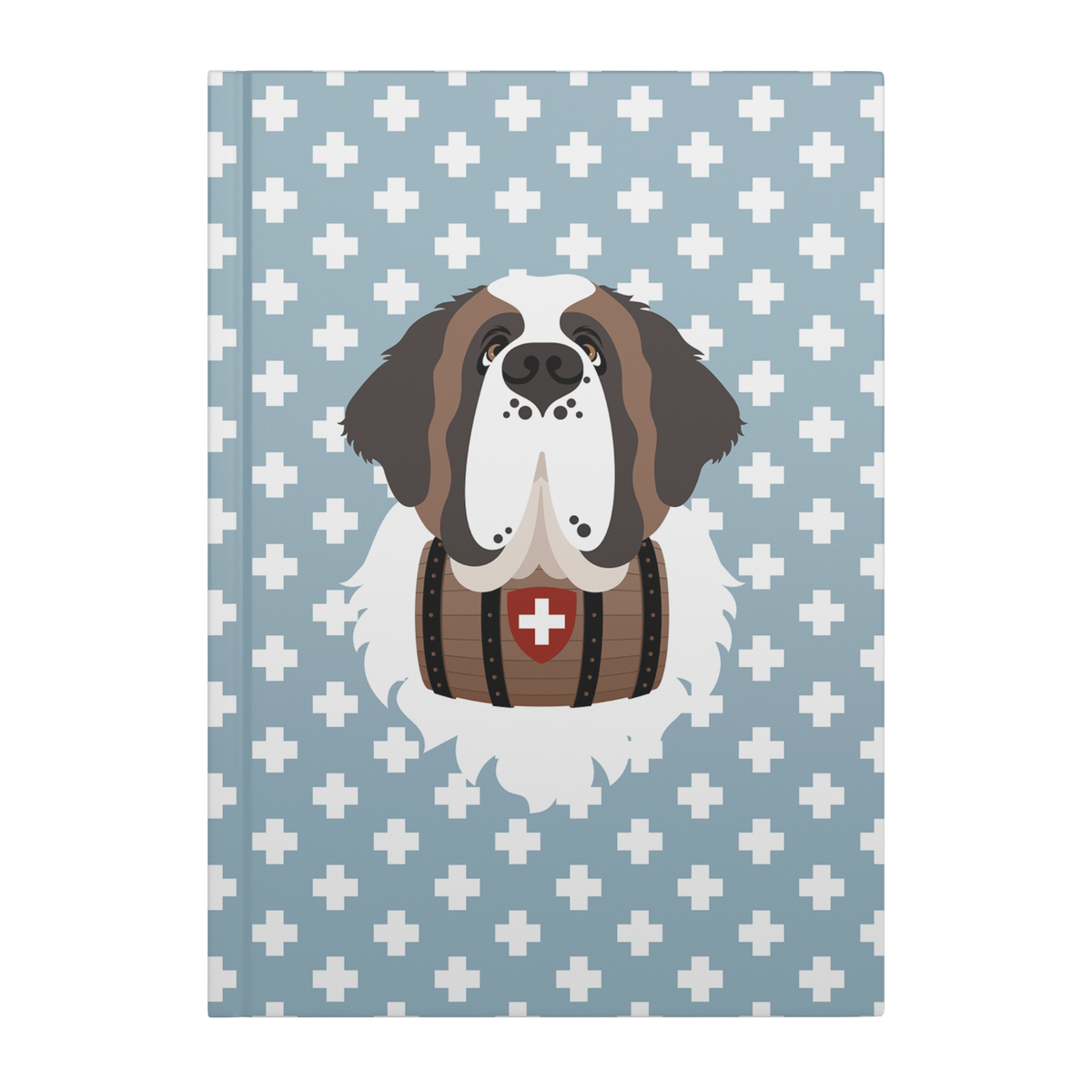 Swiss Cross Blue Saint Bernard hardcover lined journal with a dusty-blue cover featuring a Saint Bernard and rescue barrel among white Swiss crosses.