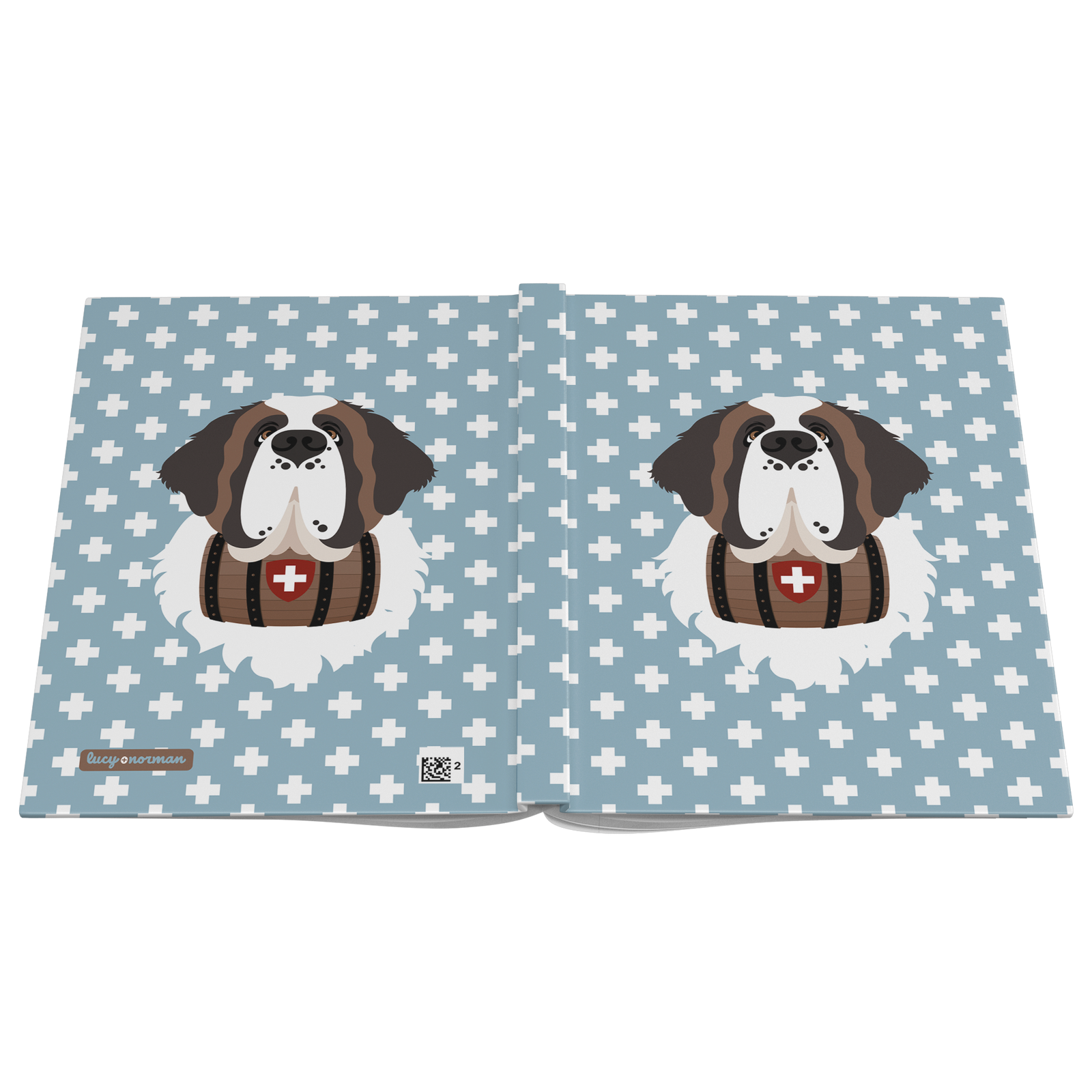 Swiss Cross Blue Saint Bernard hardcover lined journal with a dusty-blue cover featuring a Saint Bernard and rescue barrel among white Swiss crosses.