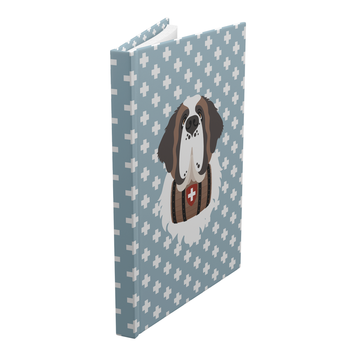 Swiss Cross Blue Saint Bernard hardcover lined journal with a dusty-blue cover featuring a Saint Bernard and rescue barrel among white Swiss crosses.