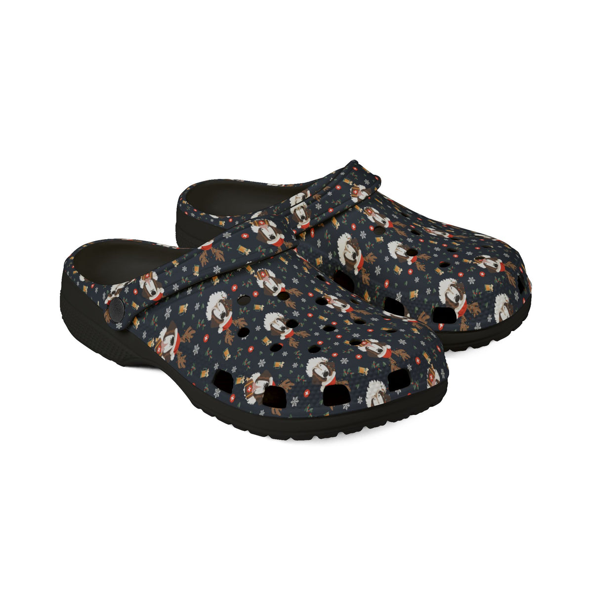 Black rubber clog shoes with an all-over navy holiday print of Saint Bernards wearing reindeer antlers, beer barrels, and snowflakes by Lucy and Norman