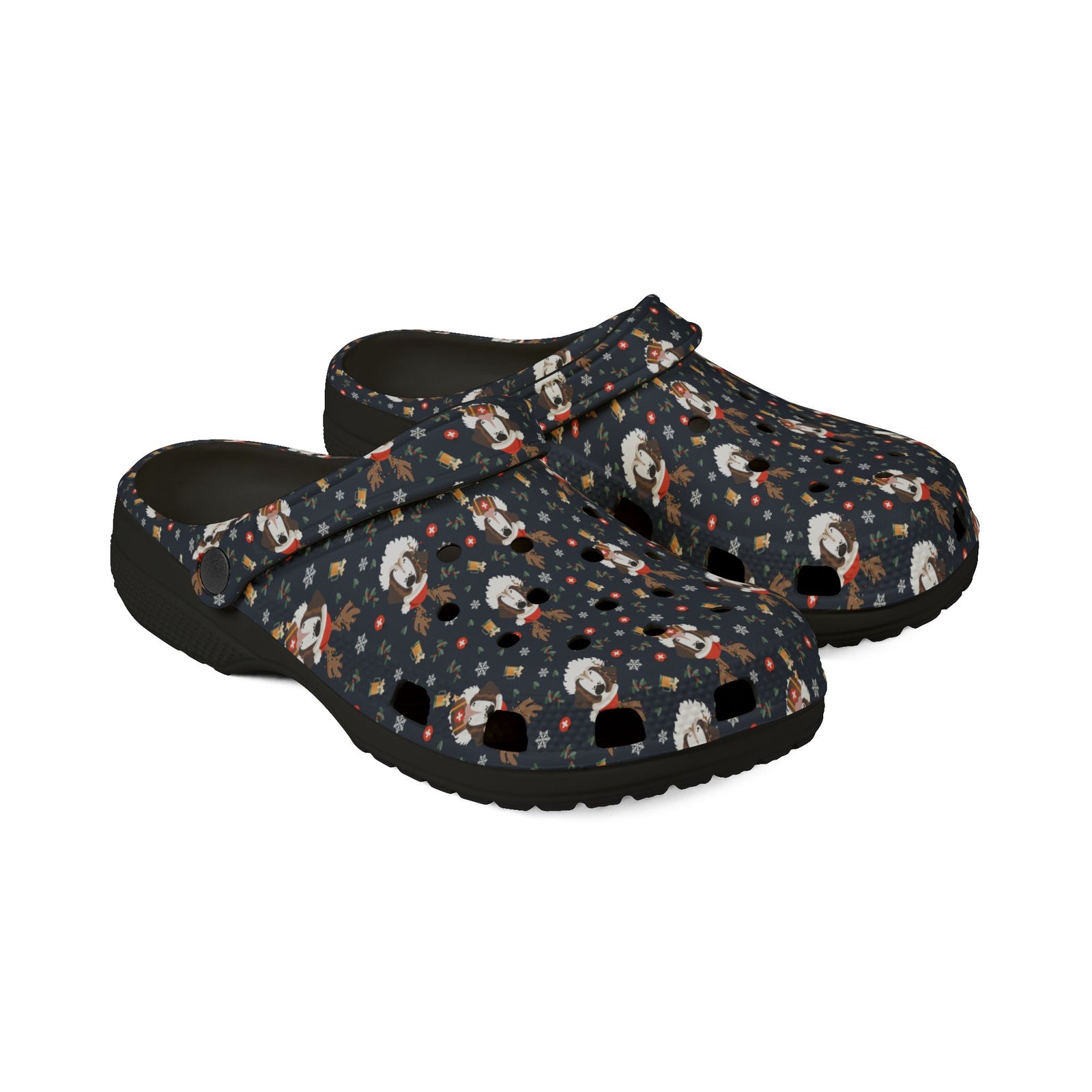 Black rubber clog shoes with an all-over navy holiday print of Saint Bernards wearing reindeer antlers, beer barrels, and snowflakes by Lucy and Norman