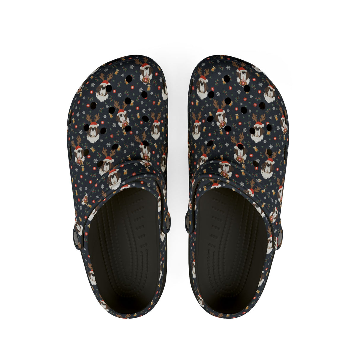 Black rubber clog shoes with an all-over navy holiday print of Saint Bernards wearing reindeer antlers, beer barrels, and snowflakes by Lucy and Norman