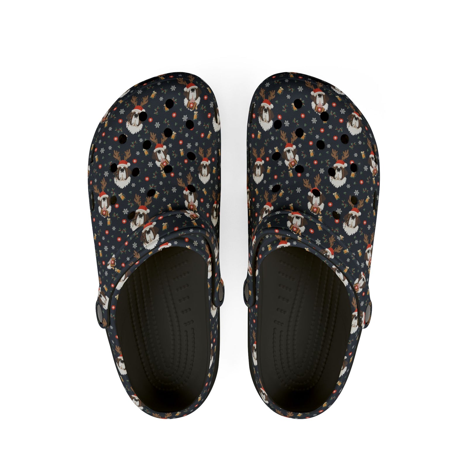Black rubber clog shoes with an all-over navy holiday print of Saint Bernards wearing reindeer antlers, beer barrels, and snowflakes by Lucy and Norman