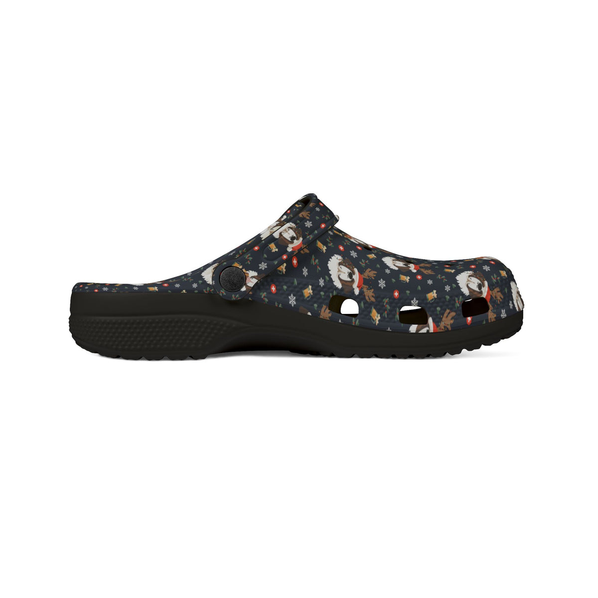 Black rubber clog shoes with an all-over navy holiday print of Saint Bernards wearing reindeer antlers, beer barrels, and snowflakes by Lucy and Norman