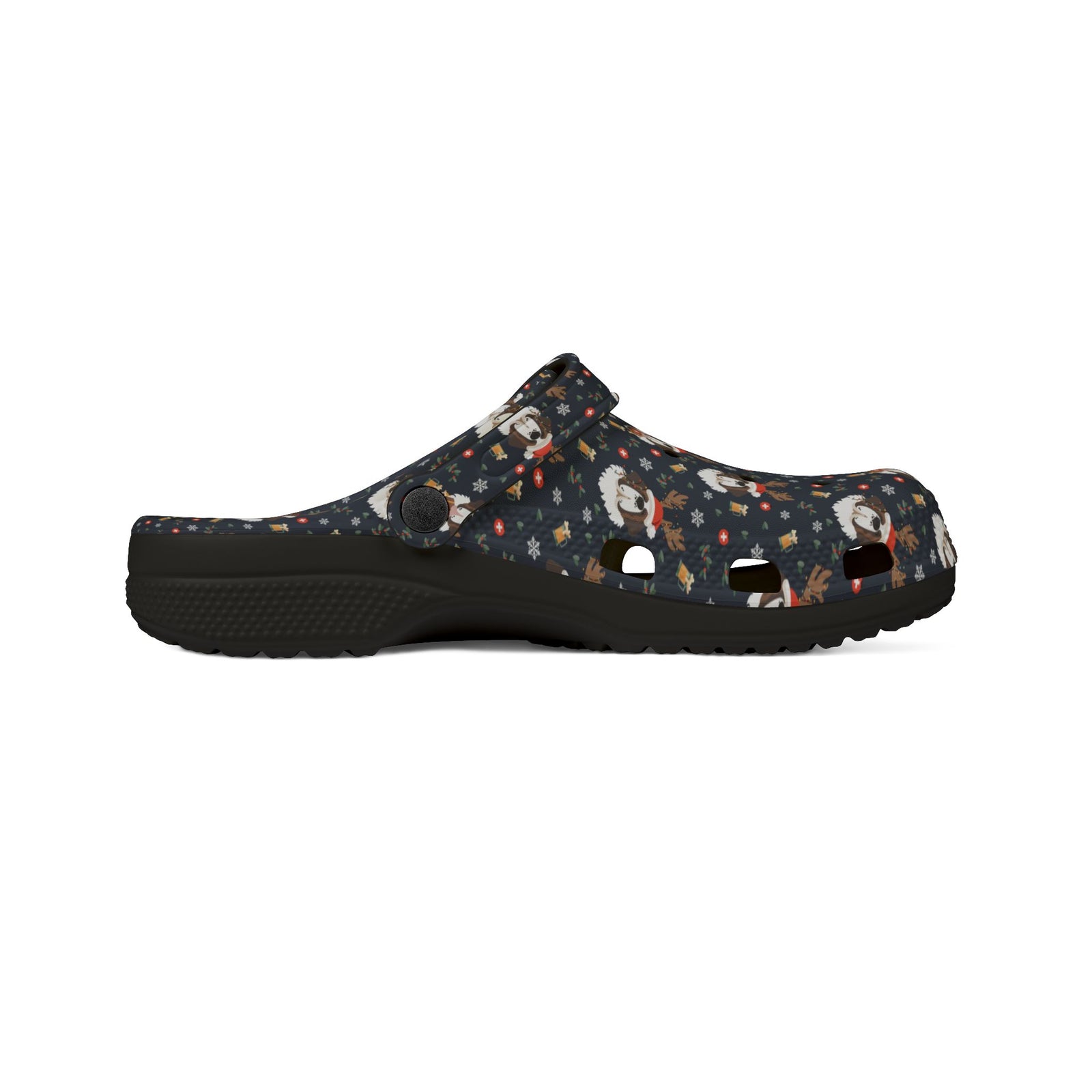 Black rubber clog shoes with an all-over navy holiday print of Saint Bernards wearing reindeer antlers, beer barrels, and snowflakes by Lucy and Norman