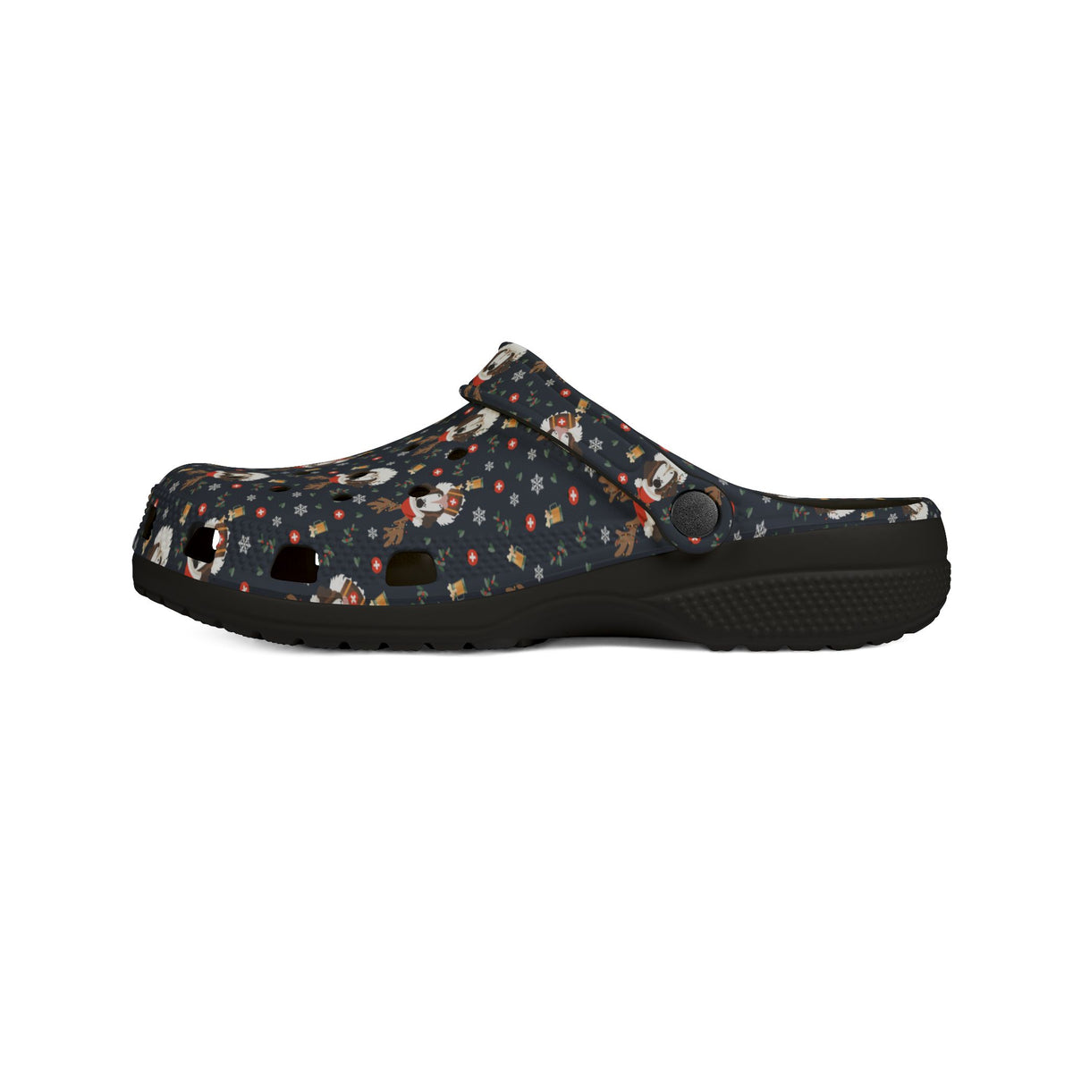 Black rubber clog shoes with an all-over navy holiday print of Saint Bernards wearing reindeer antlers, beer barrels, and snowflakes by Lucy and Norman