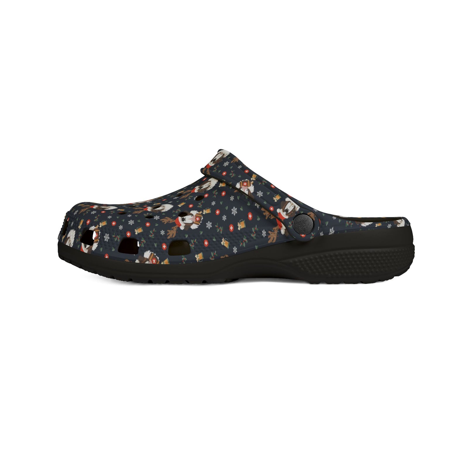Black rubber clog shoes with an all-over navy holiday print of Saint Bernards wearing reindeer antlers, beer barrels, and snowflakes by Lucy and Norman