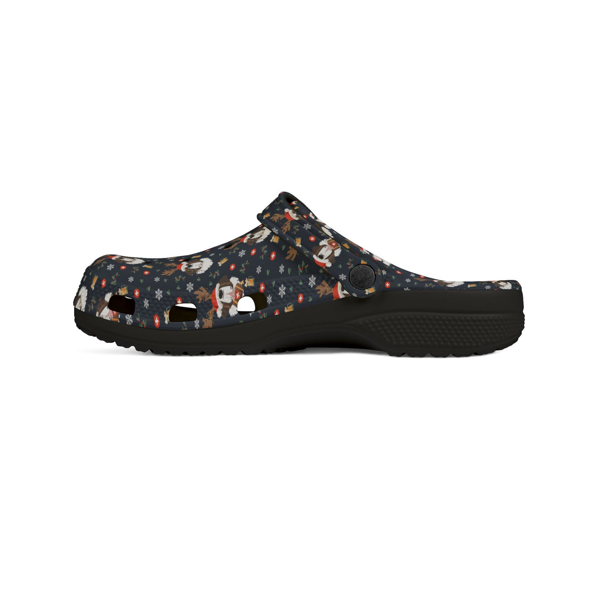 Black rubber clog shoes with an all-over navy holiday print of Saint Bernards wearing reindeer antlers, beer barrels, and snowflakes by Lucy and Norman