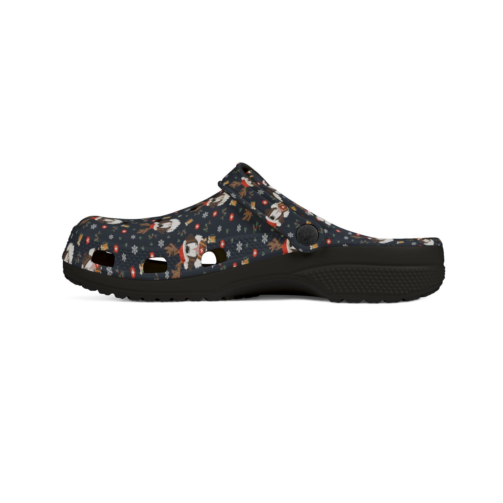 Black rubber clog shoes with an all-over navy holiday print of Saint Bernards wearing reindeer antlers, beer barrels, and snowflakes by Lucy and Norman