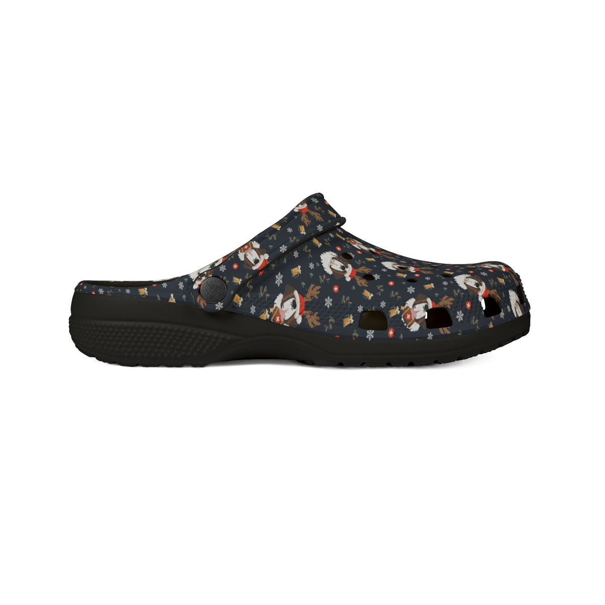 Black rubber clog shoes with an all-over navy holiday print of Saint Bernards wearing reindeer antlers, beer barrels, and snowflakes by Lucy and Norman