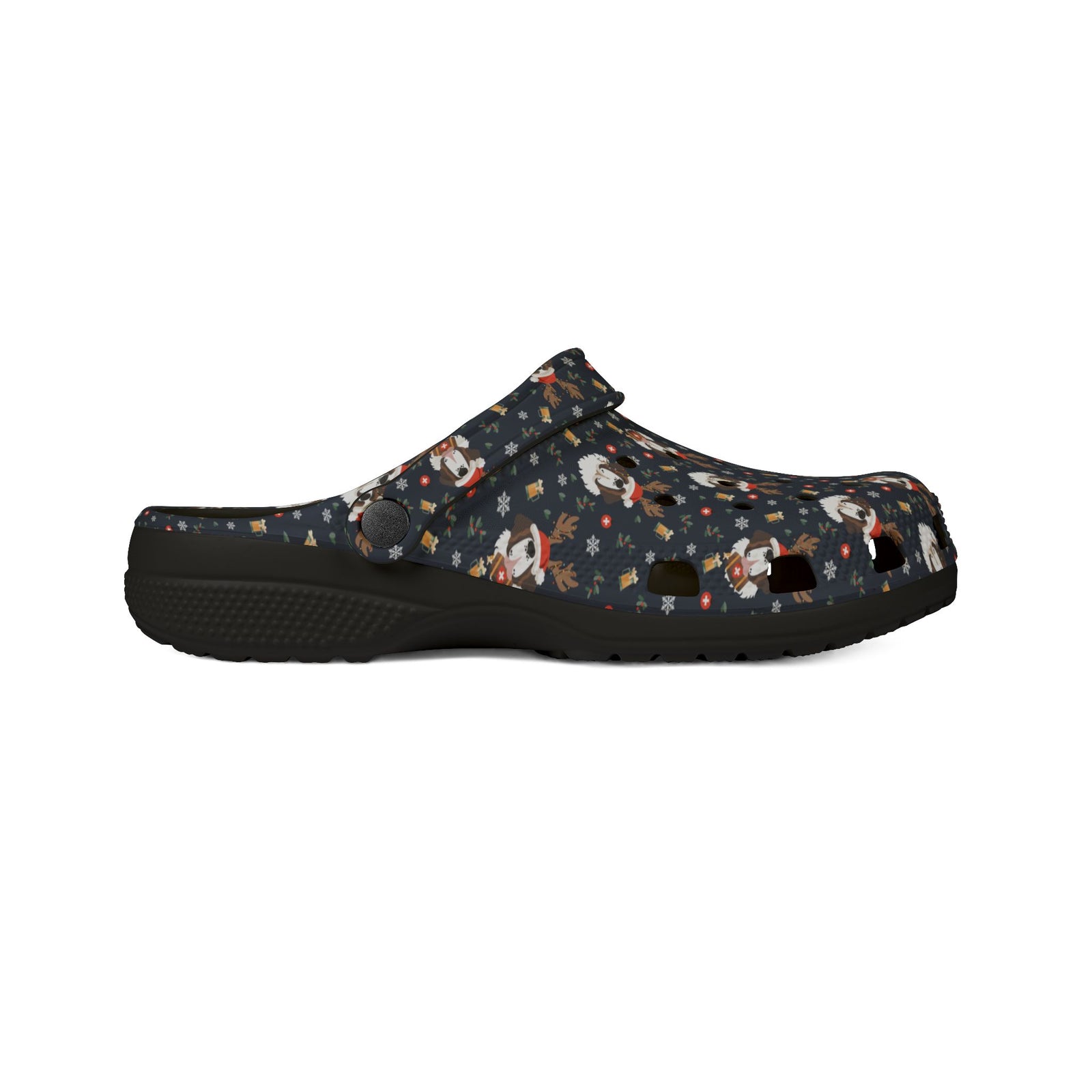 Black rubber clog shoes with an all-over navy holiday print of Saint Bernards wearing reindeer antlers, beer barrels, and snowflakes by Lucy and Norman