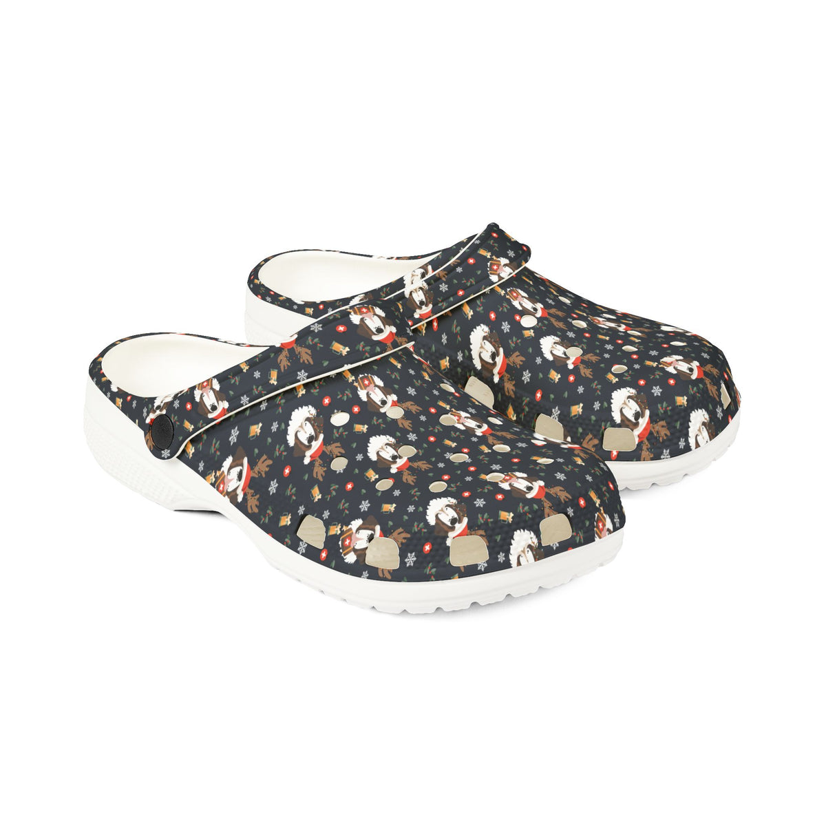 White rubber clog shoes with an all-over navy holiday print of Saint Bernards wearing reindeer antlers, beer barrels, and snowflakes by Lucy and Norman