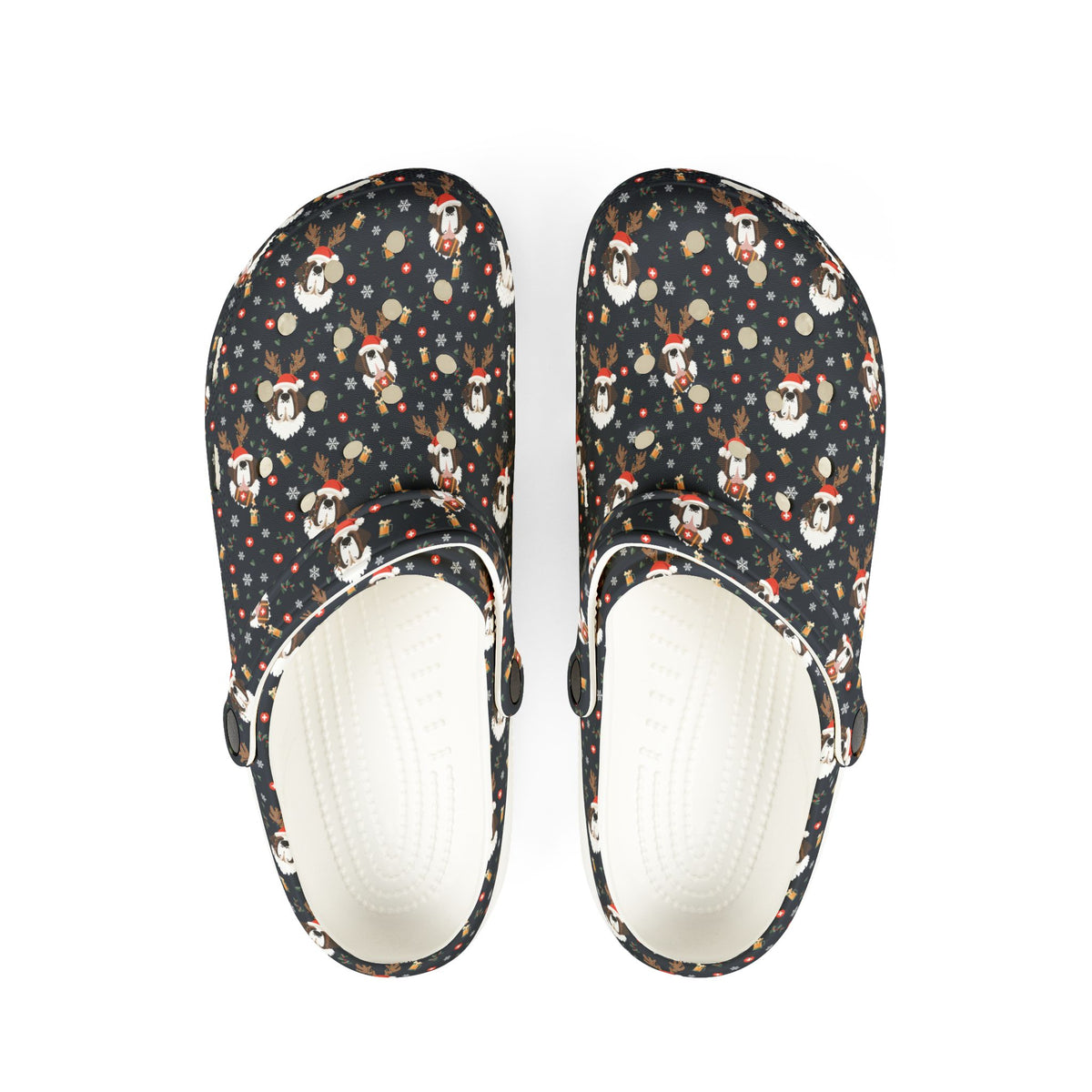 White rubber clog shoes with an all-over navy holiday print of Saint Bernards wearing reindeer antlers, beer barrels, and snowflakes by Lucy and Norman