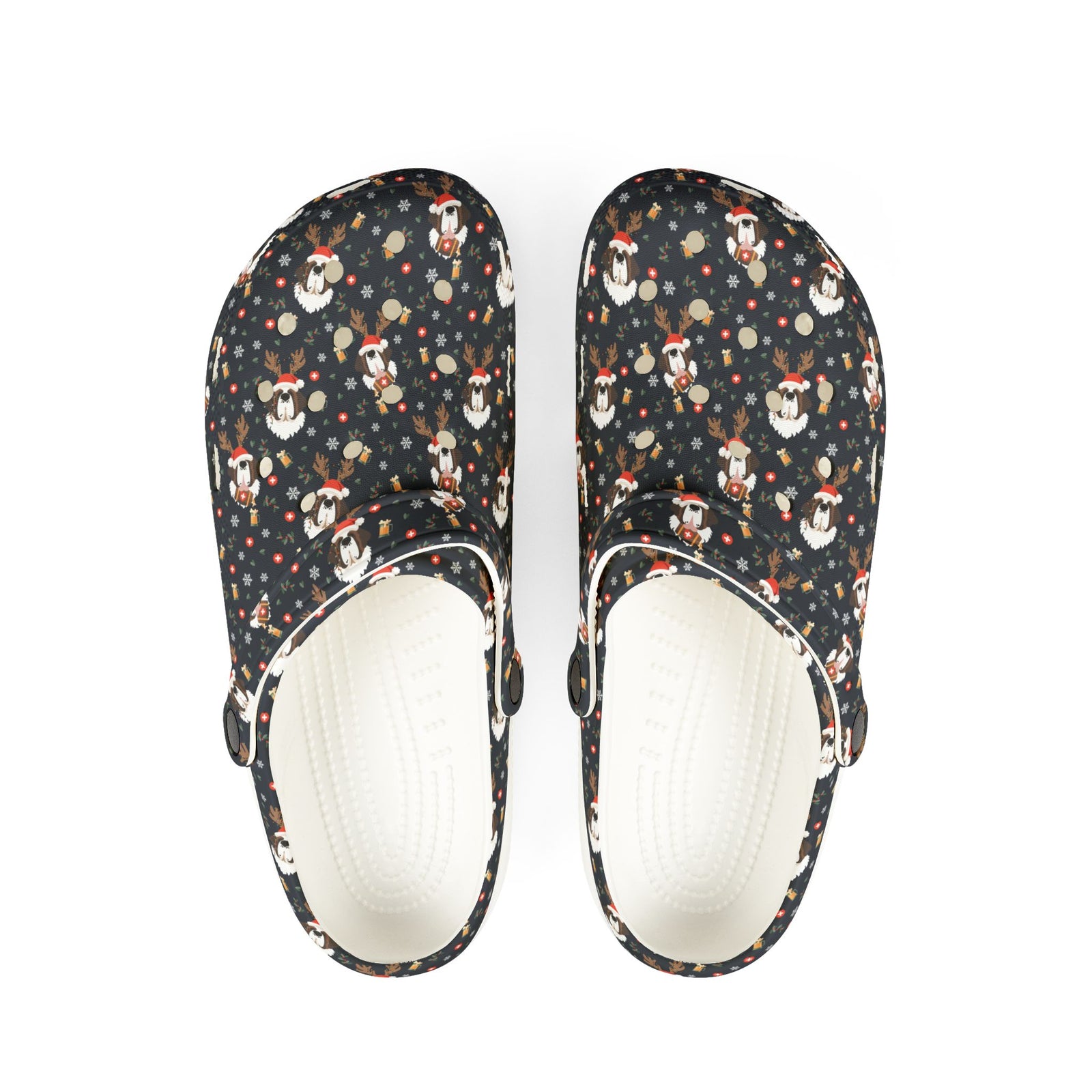 White rubber clog shoes with an all-over navy holiday print of Saint Bernards wearing reindeer antlers, beer barrels, and snowflakes by Lucy and Norman