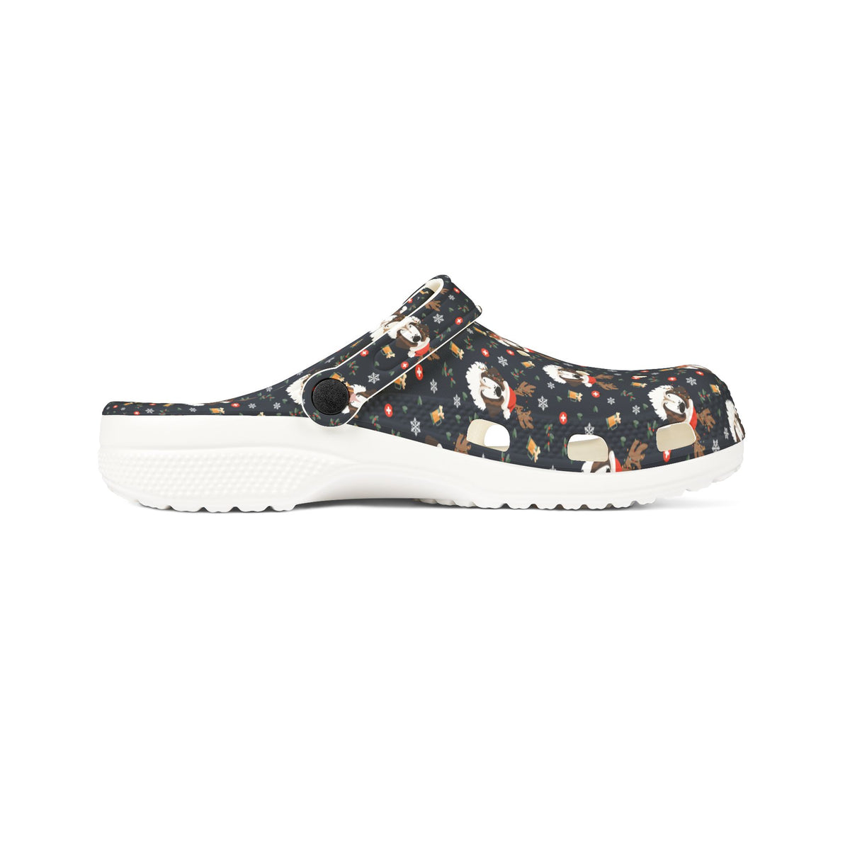 White rubber clog shoes with an all-over navy holiday print of Saint Bernards wearing reindeer antlers, beer barrels, and snowflakes by Lucy and Norman