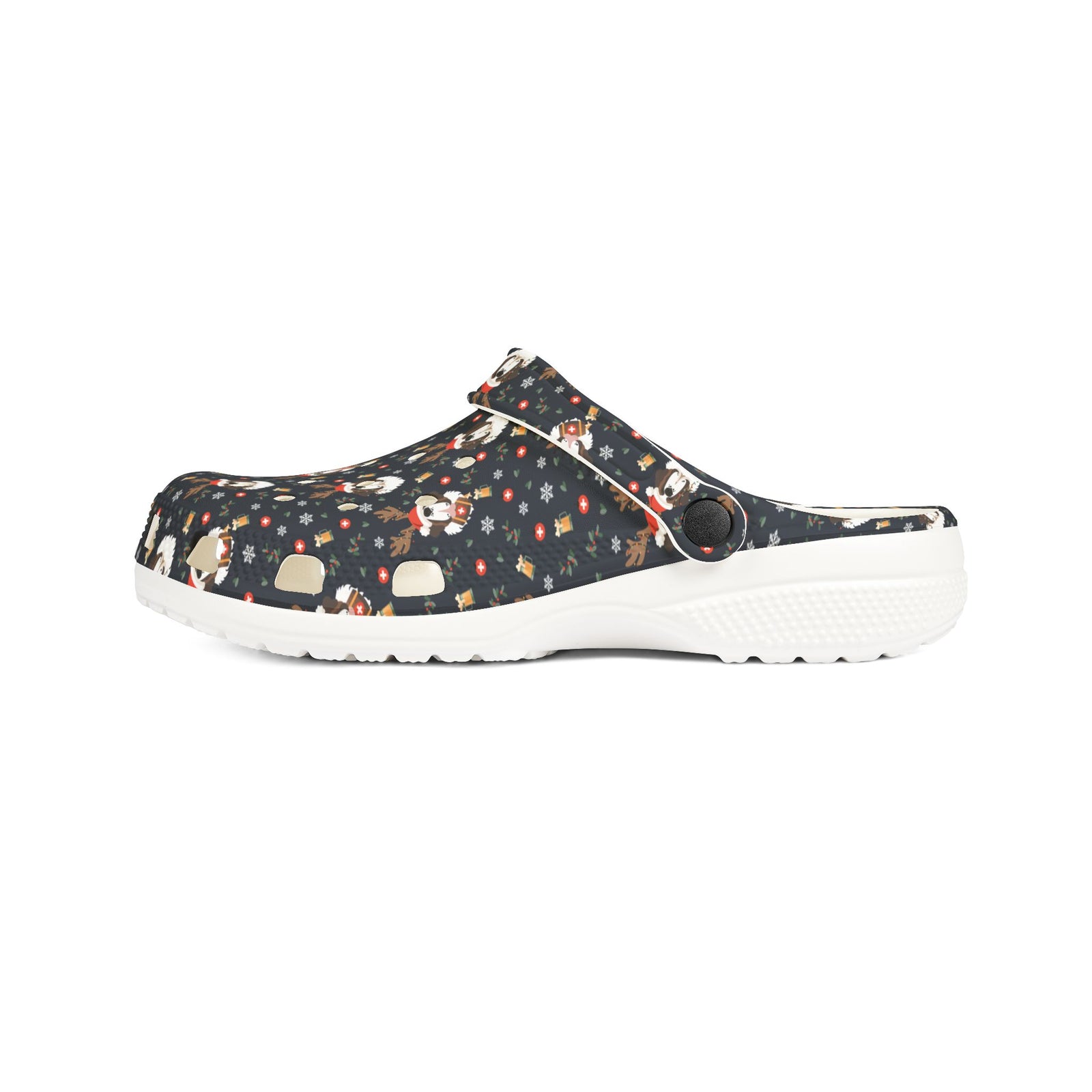 White rubber clog shoes with an all-over navy holiday print of Saint Bernards wearing reindeer antlers, beer barrels, and snowflakes by Lucy and Norman