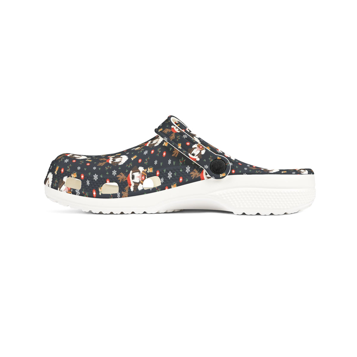 White rubber clog shoes with an all-over navy holiday print of Saint Bernards wearing reindeer antlers, beer barrels, and snowflakes by Lucy and Norman