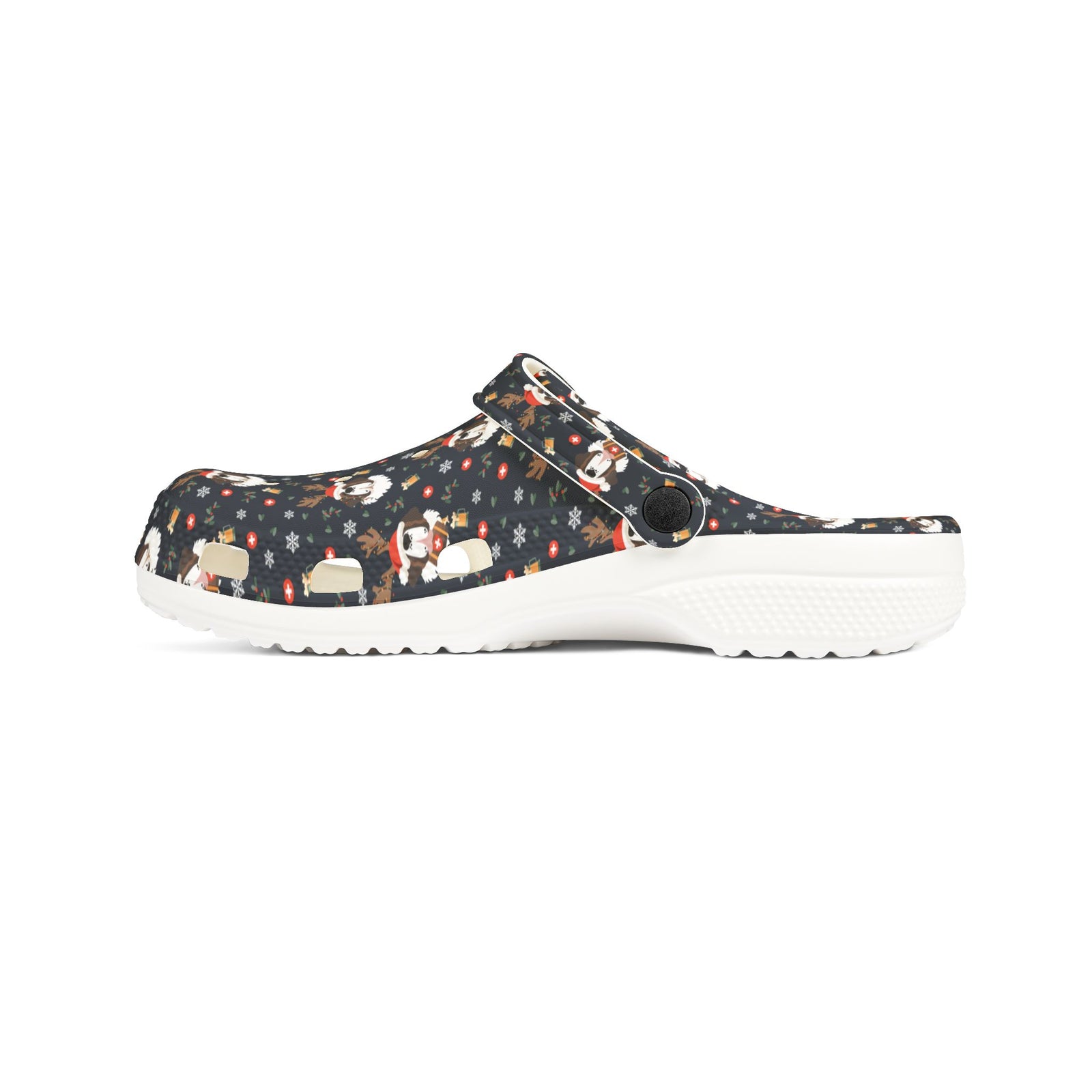 White rubber clog shoes with an all-over navy holiday print of Saint Bernards wearing reindeer antlers, beer barrels, and snowflakes by Lucy and Norman