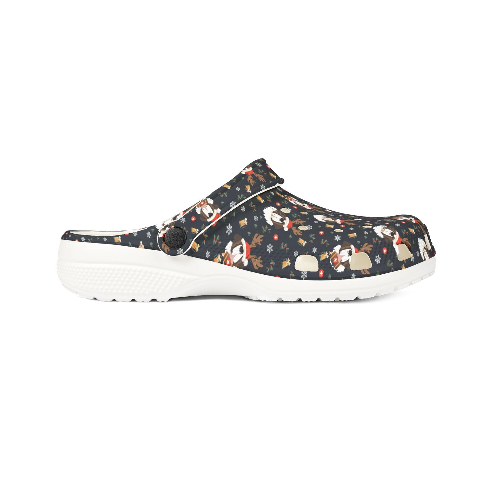 White rubber clog shoes with an all-over navy holiday print of Saint Bernards wearing reindeer antlers, beer barrels, and snowflakes by Lucy and Norman