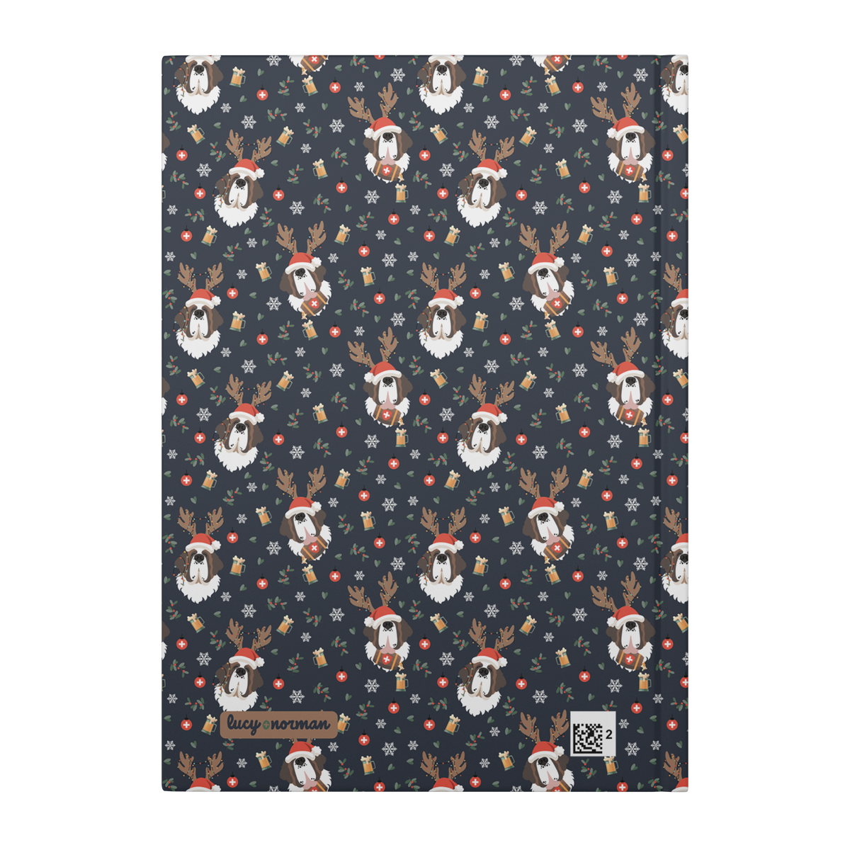 Reindeer Beer Saint Bernard hardcover lined journal with a navy cover featuring tipsy Saint Bernards in Santa hats and antlers among snowflakes and beer steins.