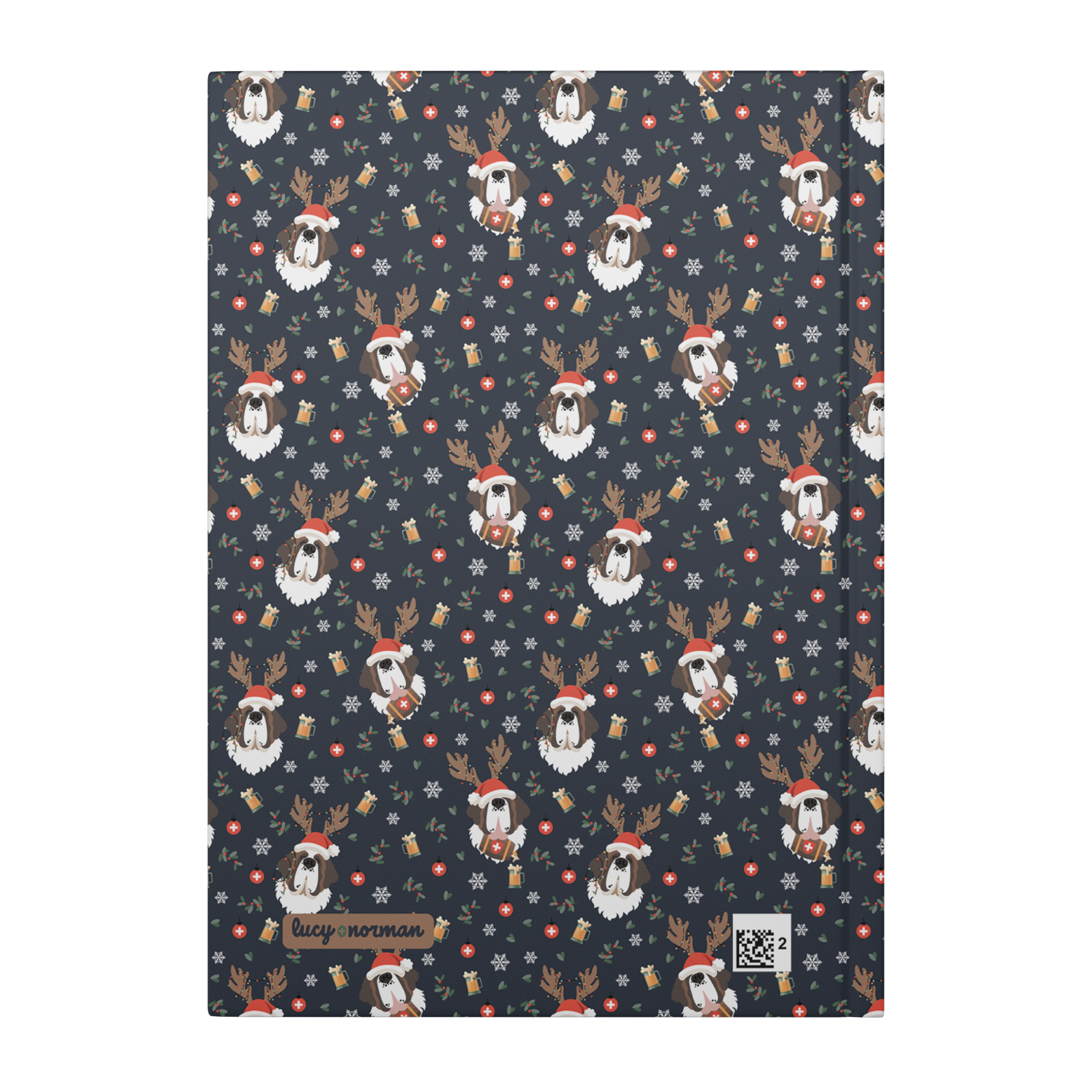 Reindeer Beer Saint Bernard hardcover lined journal with a navy cover featuring tipsy Saint Bernards in Santa hats and antlers among snowflakes and beer steins.