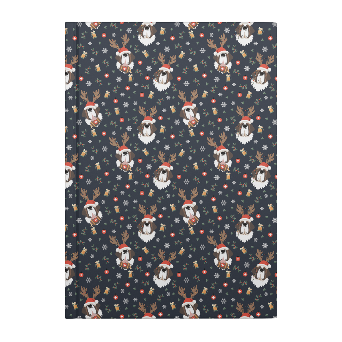 Reindeer Beer Saint Bernard hardcover lined journal with a navy cover featuring tipsy Saint Bernards in Santa hats and antlers among snowflakes and beer steins.