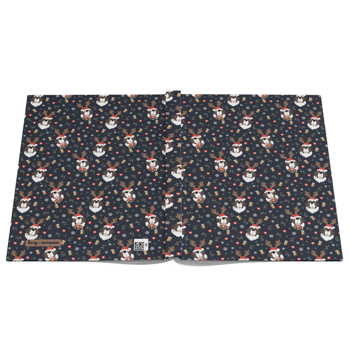 Reindeer Beer Saint Bernard hardcover lined journal with a navy cover featuring tipsy Saint Bernards in Santa hats and antlers among snowflakes and beer steins.