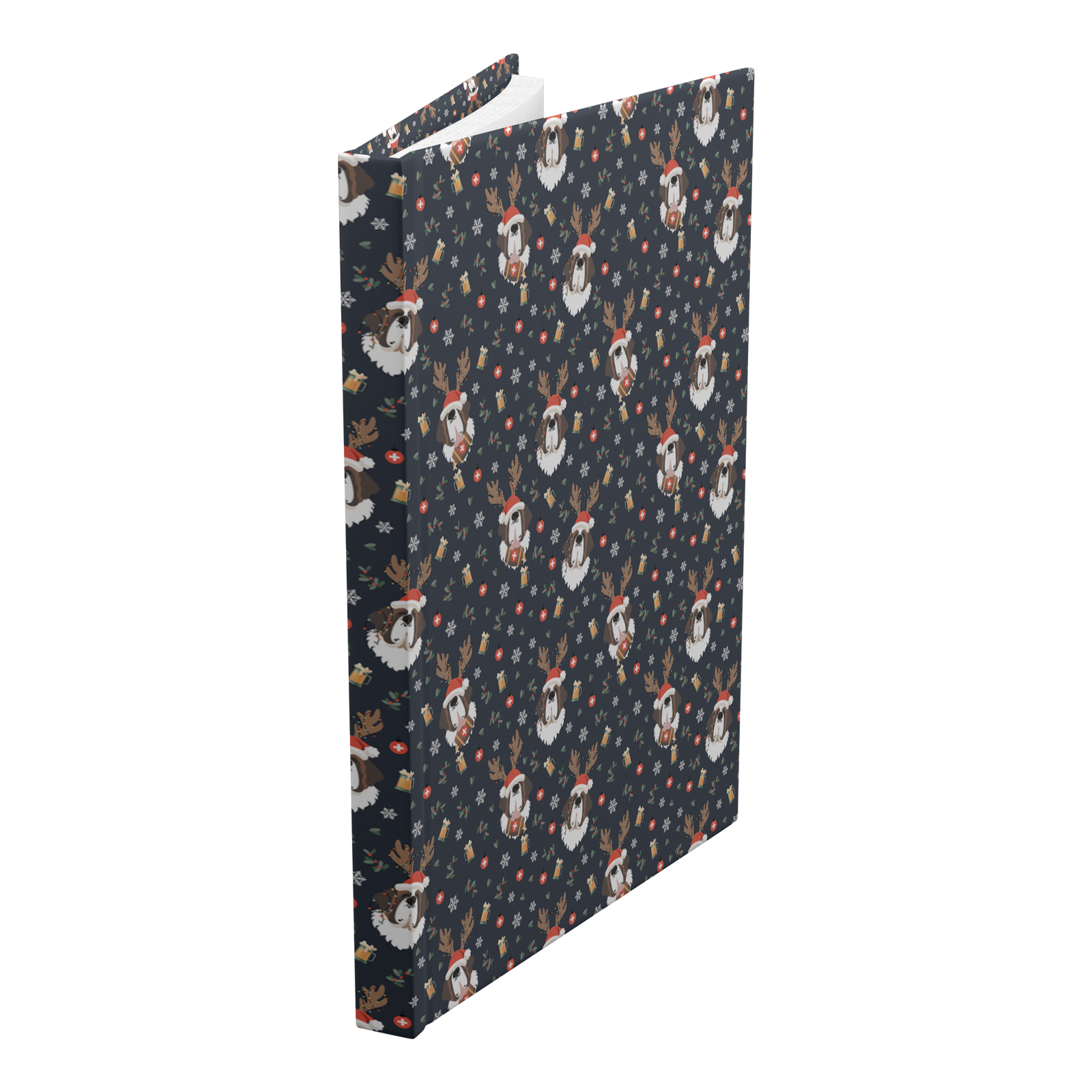 Reindeer Beer Saint Bernard hardcover lined journal with a navy cover featuring tipsy Saint Bernards in Santa hats and antlers among snowflakes and beer steins.