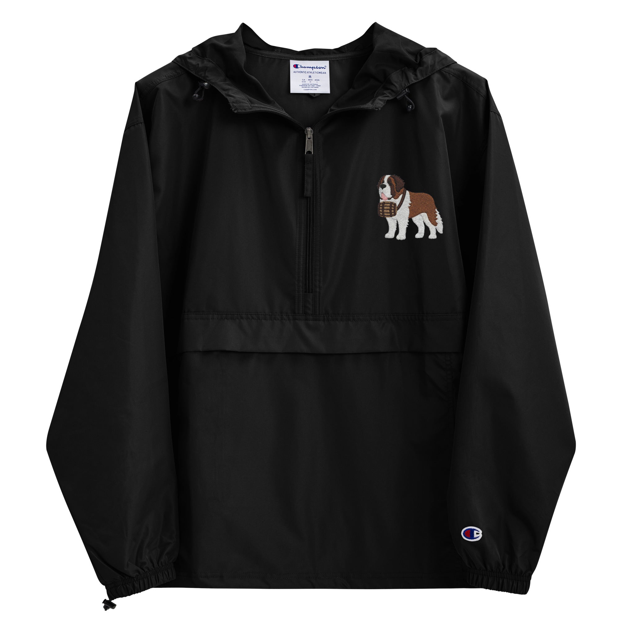 Black Champion packable windbreaker with chest embroidered Saint Bernard and barrel, half zip pullover with hood, kangaroo pocket, and zip pouch.
