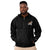 Black Champion packable windbreaker with chest embroidered Saint Bernard and barrel, half zip pullover with hood, kangaroo pocket, and zip pouch.