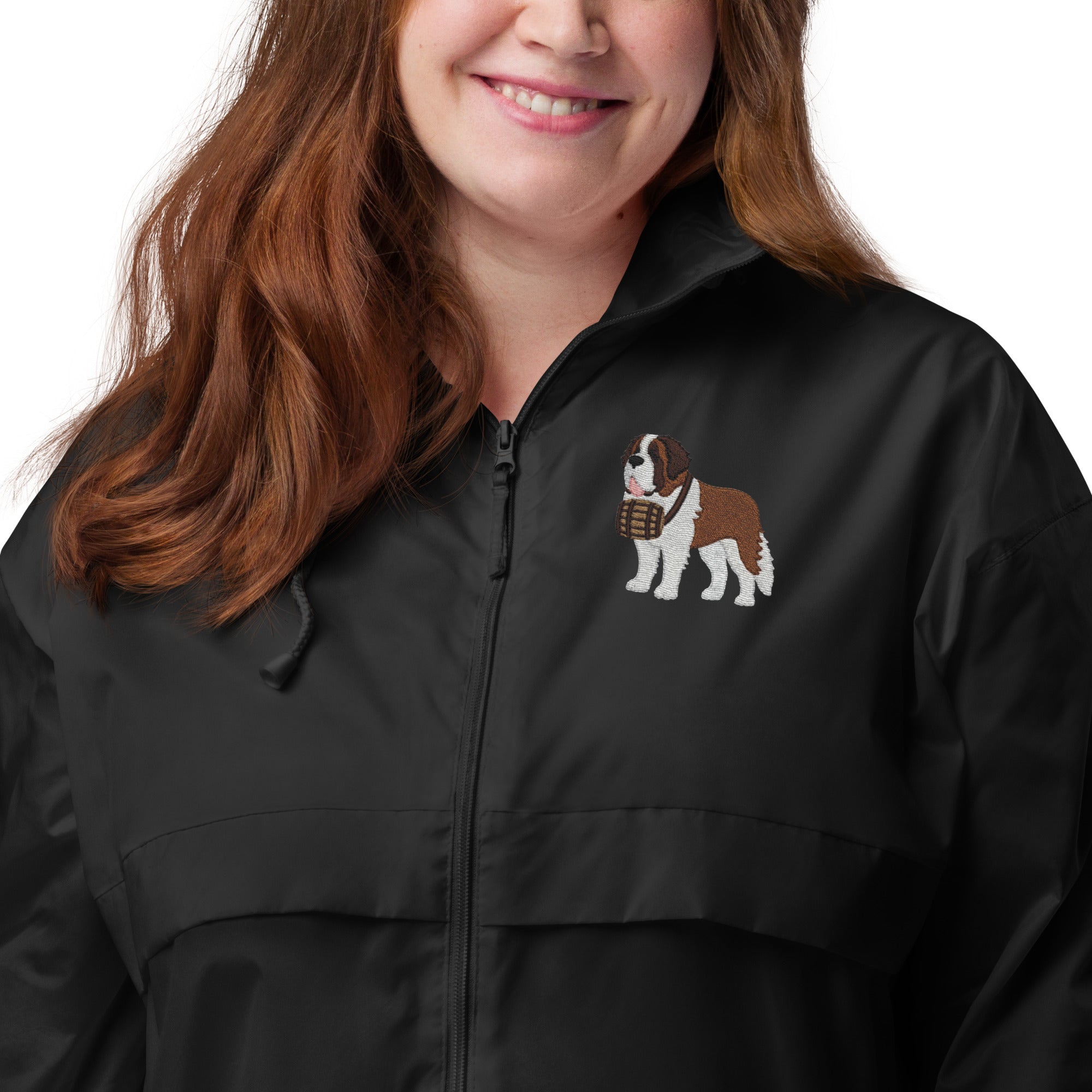 Lightweight, packable black windbreaker with chest embroidered Saint Bernard and barrel, adjustable hood, elastic cuffs, and zip pockets.