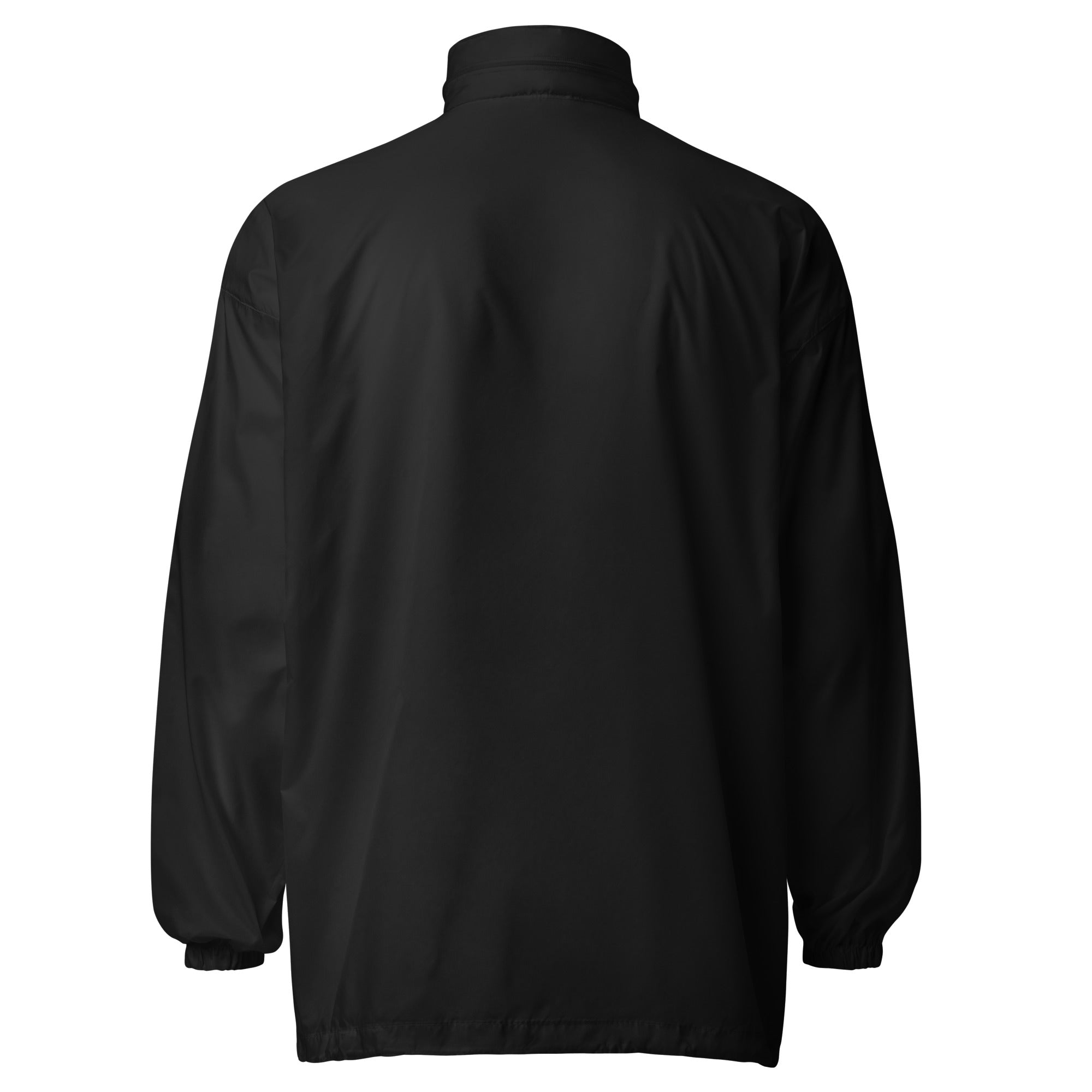 Lightweight, packable black windbreaker with chest embroidered Saint Bernard and barrel, adjustable hood, elastic cuffs, and zip pockets.